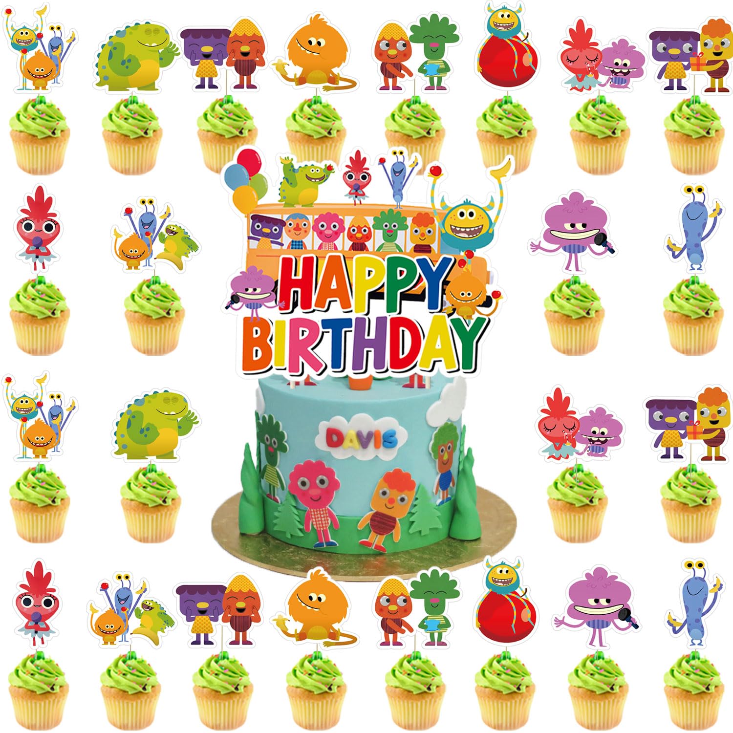 ZaLixZaLix 37Pcs Super Simple Songs Cake Decorations with 36pcs Cupcake Toppers, 1pcs Big Cake Topper for Cartoon Kids Songs Birthday Party Supplies