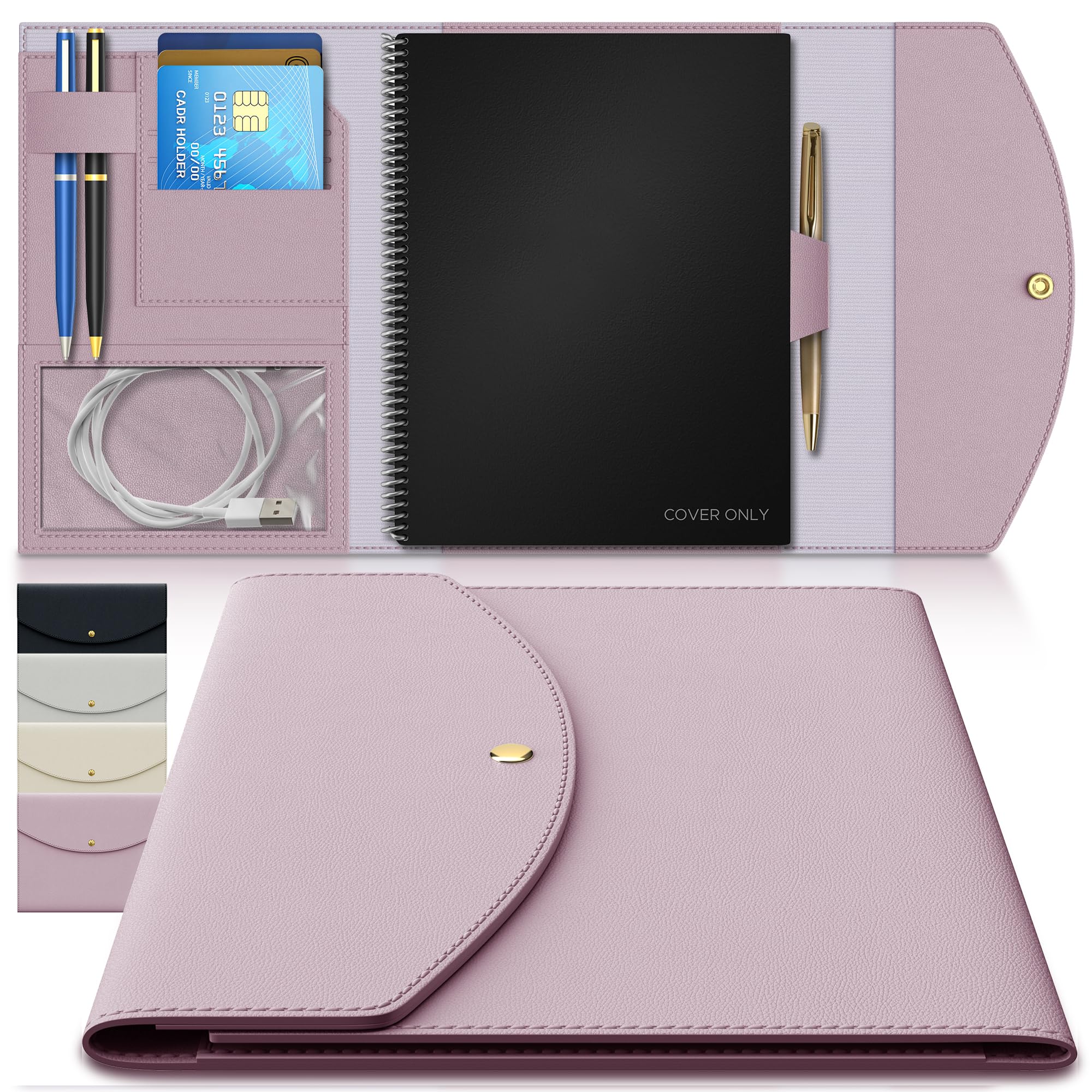 A5 Notebook Cover for Rocketbook Planner & Journal, Slim Vegan Leather Folio with Pen Loop, Card Slots & Pockets