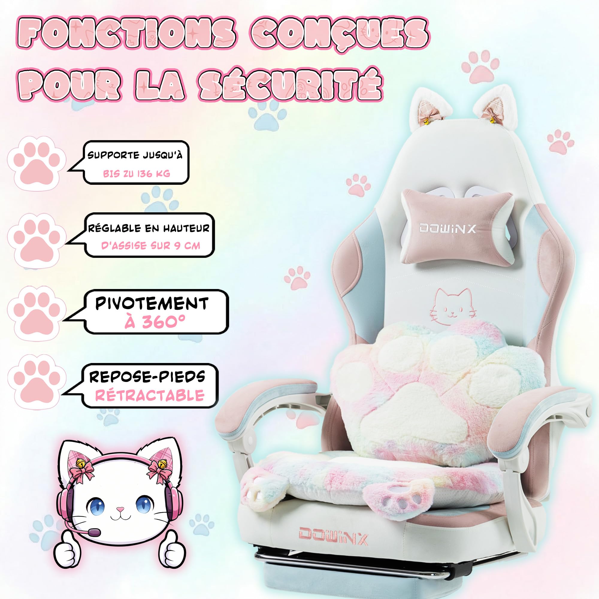Dowinx Chaise de Gaming Ergonomique Multicolore et Blanc avec Repose-Pieds, Motif Pattes de Chat, en Tissu, Design d'assise sans Ailes, réglable, pour Adultes