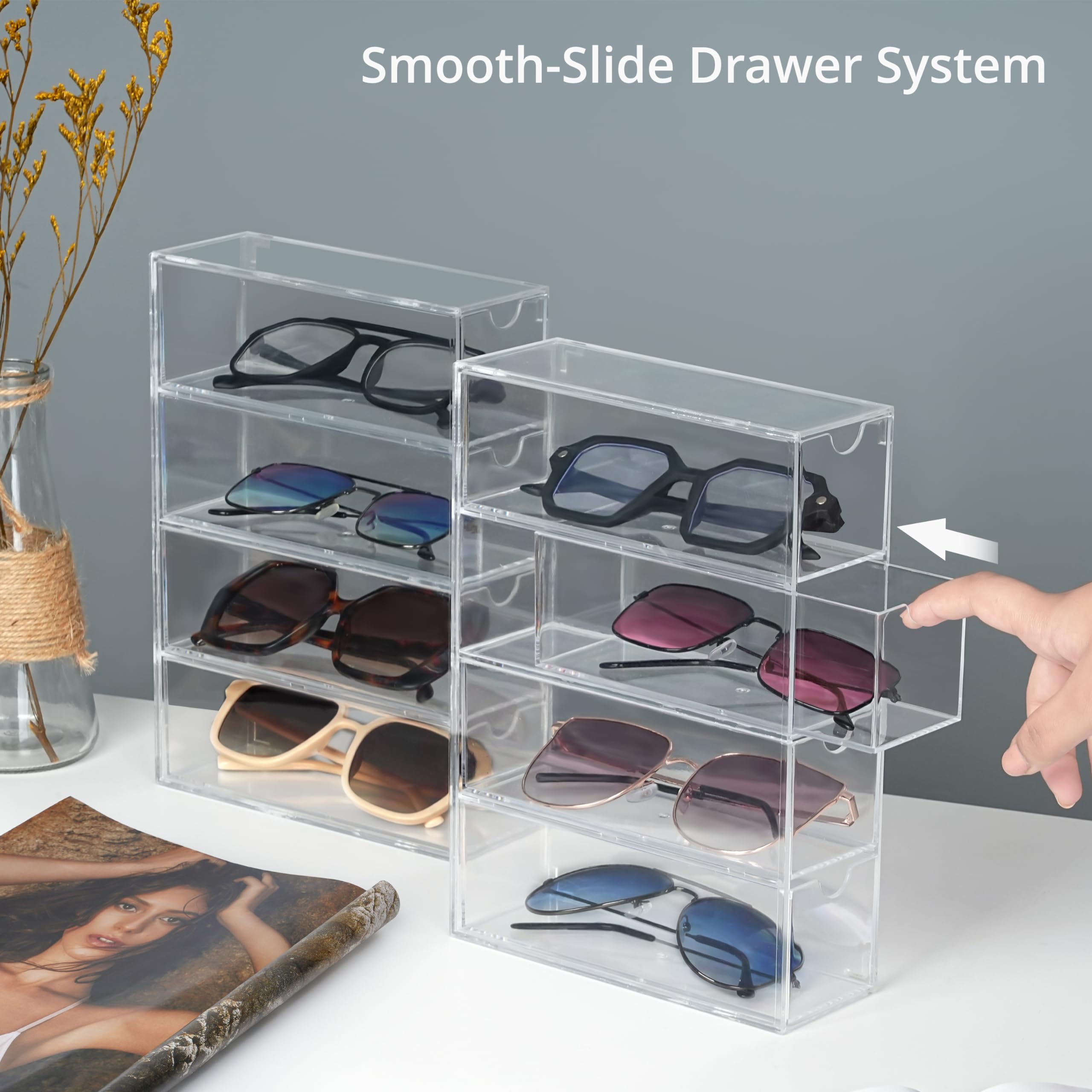 Winter Shore Organizer na Okulary z Akrylu z 4 Szufladami [Zestaw 2szt.] - Przezroczysty Pojemnik na Okulary, Okulary Przeciwsłoneczne i Akcesoria - Zestaw 2 Stosowalnych Organizerów na 8 Par Okularów