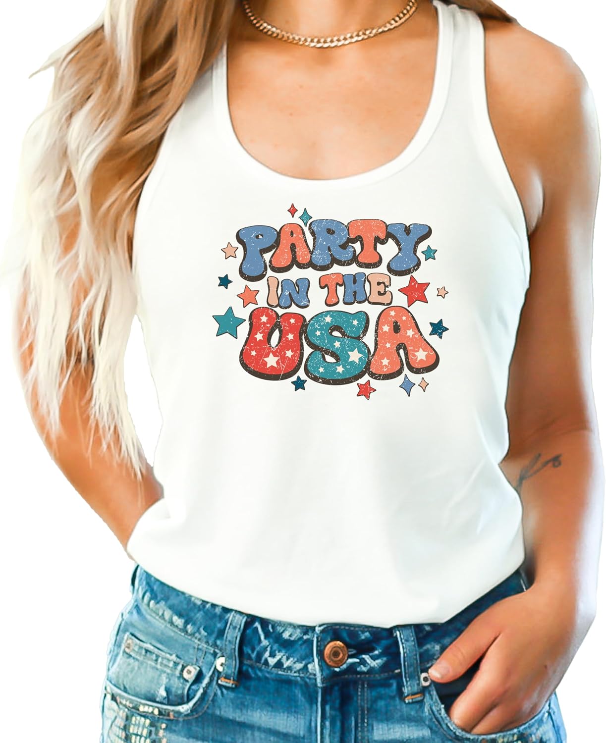 Retro Party in The USA 4th of July Racerback Tank Top for Women and Teens