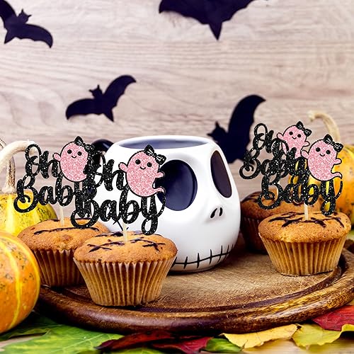 Miniatura 5 de 24 adornos para cupcakes Ghost Oh Baby con purpurina negra para Halloween, baby shower, decoración de cupcakes de Halloween para baby shower,