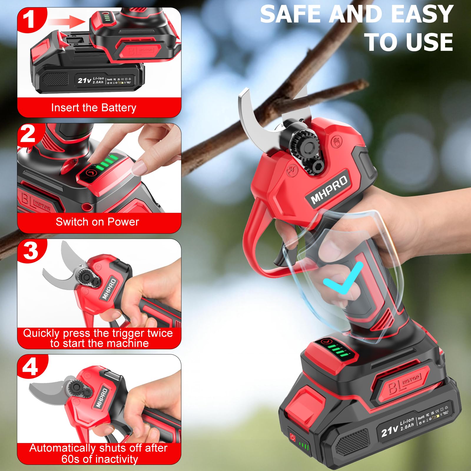 Tijeras de Podar Electricas Sin Escobillas, MHPRO Tijeras de Podar 21V con Baterías 2x2000mAh, Pantalla LCD, Tijeras podar Bateria para Jardinería, Árboles Frutales, Viñedos y Granja, Rojo - 4