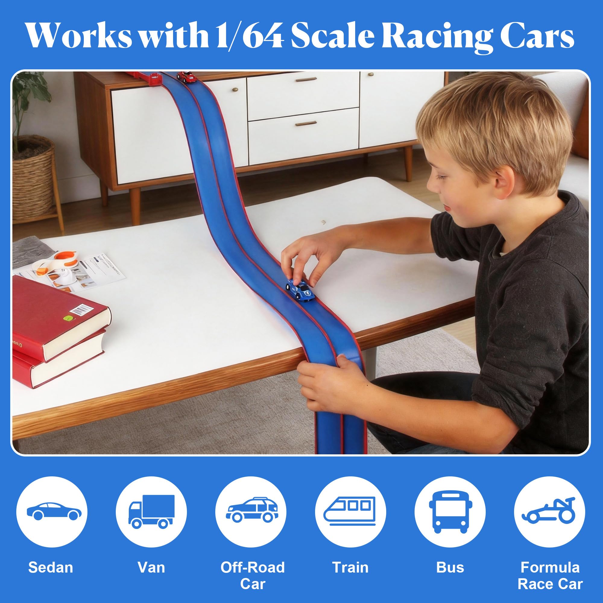Juego de pistas de carreras flexibles para niños de 4,5 metros, hipódromo flexible para niños, Hot Wheels, pista de carreras portátil Hot Wheels con rampa doble, adecuada para niños
