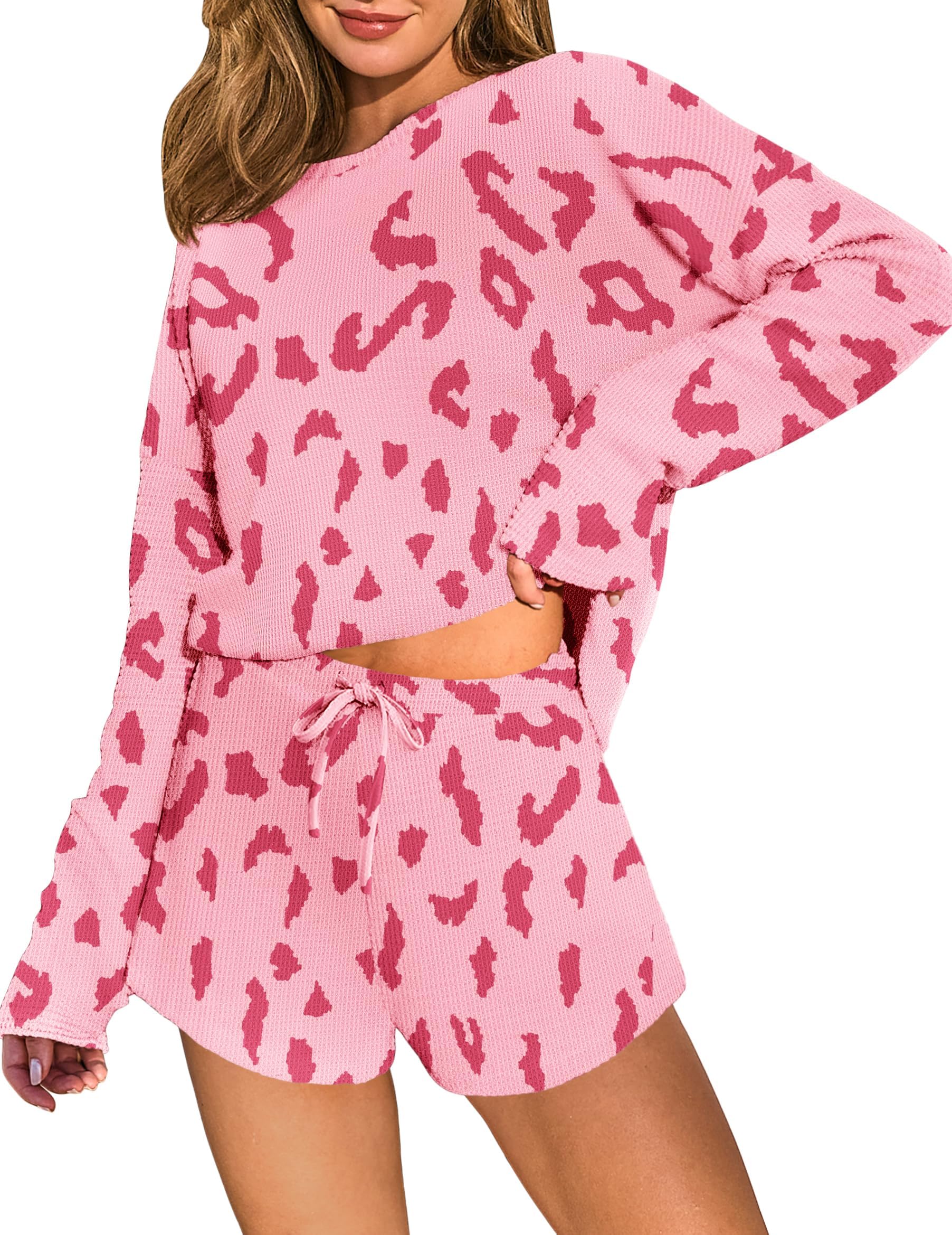 ELESOL Womens Waffle Knit Pajama Sets Long Sleeve Top and Shorts Matching 2 Piece Lounge Set Loungewear with