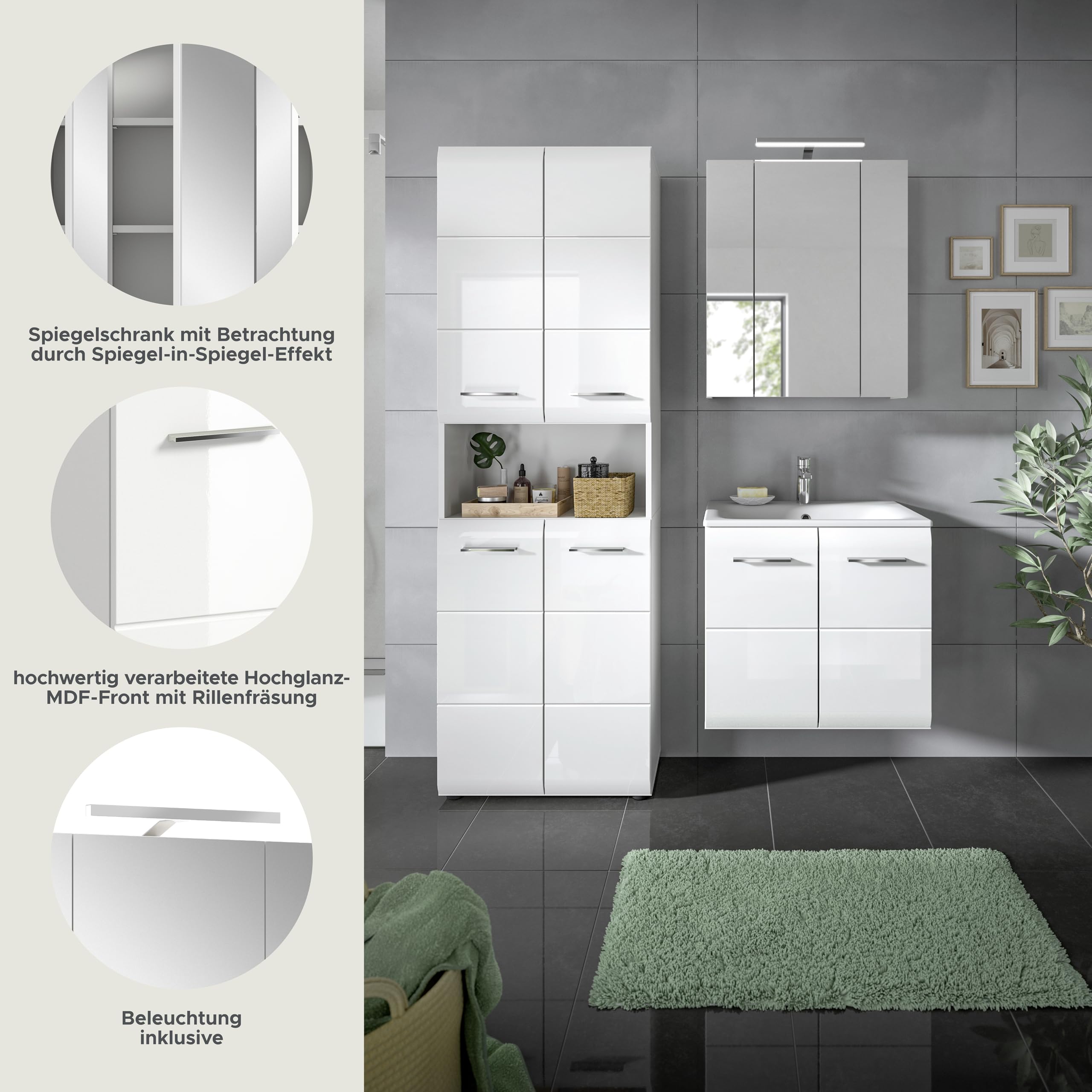 xonox.home – 3 TLG. Badkombination Ice 135x185x46 cm in Korpus weiß Nachbildung und Front weiß Hochglanz – Moderne Badezimmermöbel Kombination – stilvoll – Bild 9