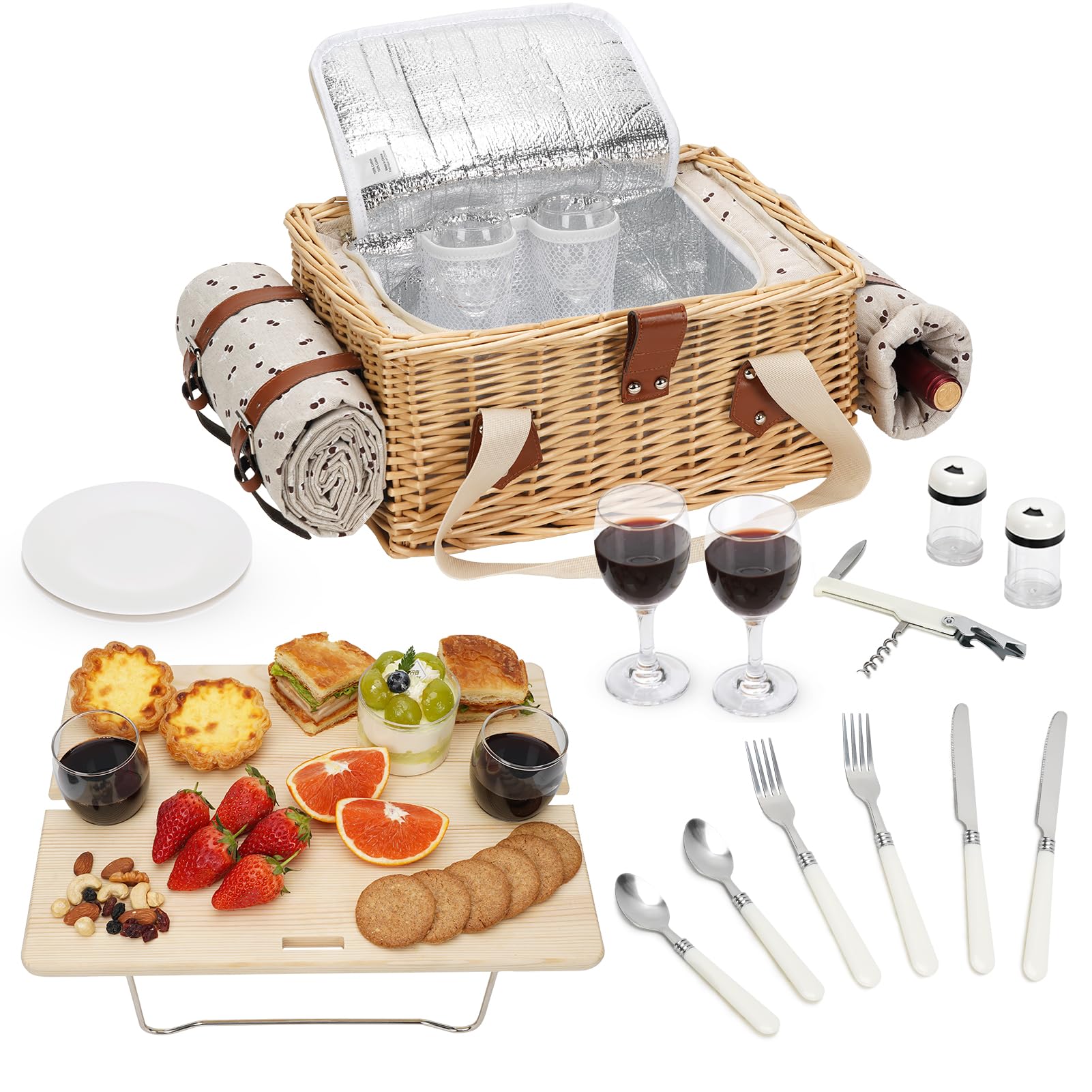 Set de Pique-Nique avec Mini-Table Pliante et Couverts, Panier pour 2 Personnes avec Sacs isothermes, Panier en Osier avec Anse, Coffret Cadeau pour Pique-Nique, Camping, Plein air, fête (Cerise)