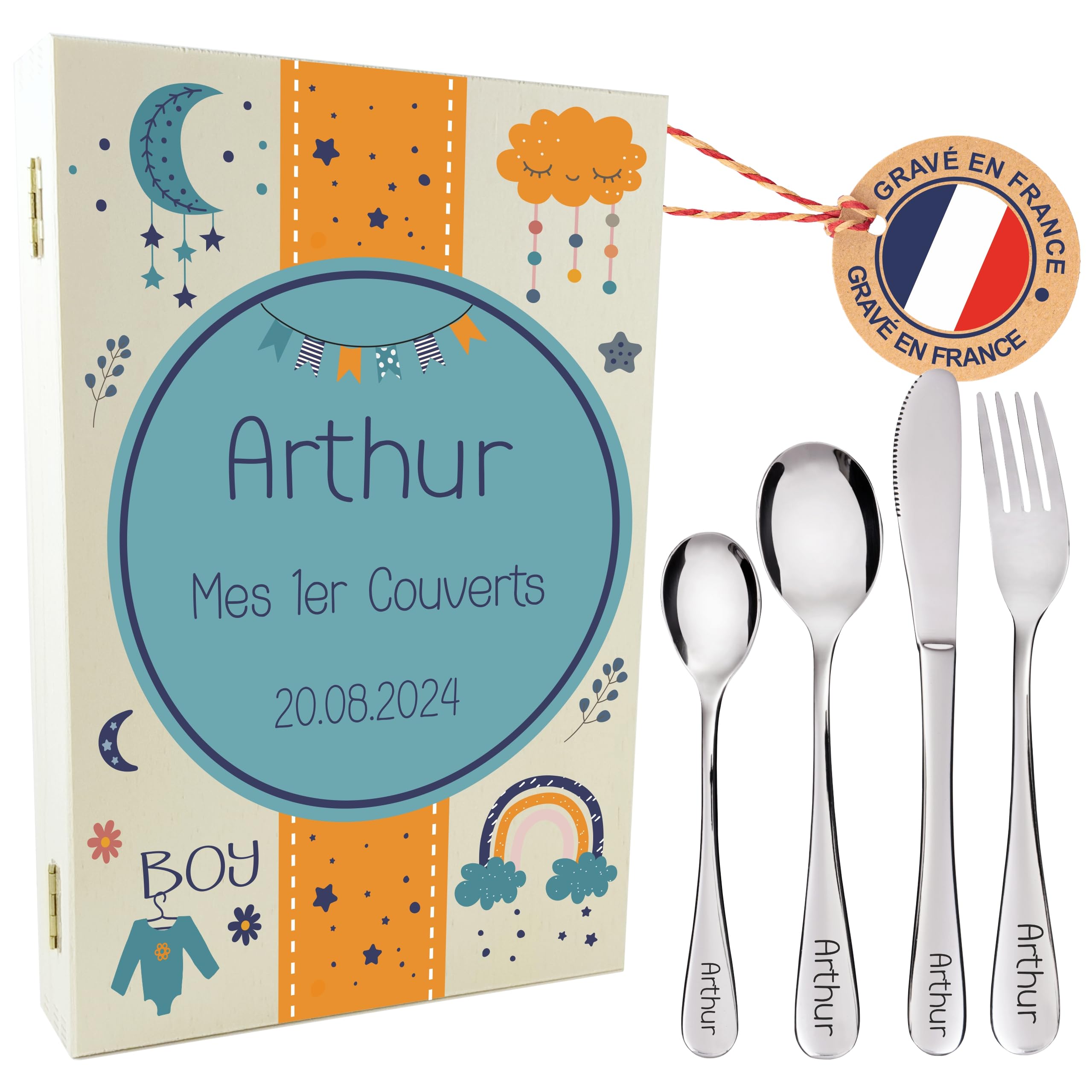 Gravure Events - Coffret en Bois avec 4 Couverts personnalisés pour Enfant - prénom gravé en France - Cadeau Noël bébé, Baptême, Cadeau de Naissance garçon - Modèle Blue Cloud