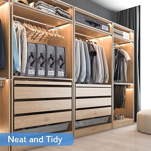 Miniatura 5 de DETEIN Paquete de 4 organizadores de sábanas para tamaño Queen y King, organizador de sábanas y almacenamiento para armario de lino, caja