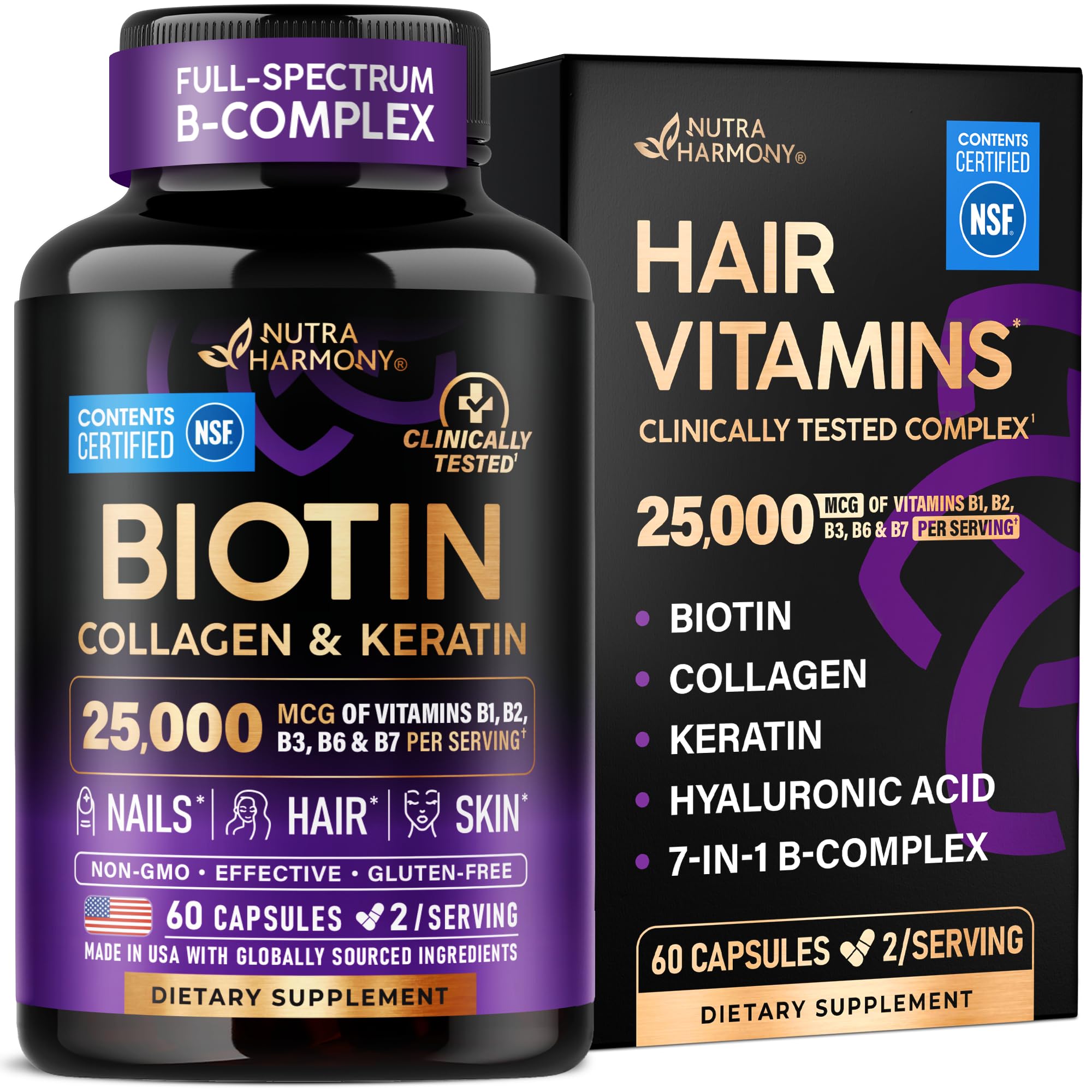 Acide hyaluronique de Biotin - Soutien Cycle normal de croissance des cheveux, peau et ongles - Test clinique - 25000mcg de vitamines B1, B2, B3, B6 & B7 - pour les femmes et les hommes - Fabriqué aux États-Unis