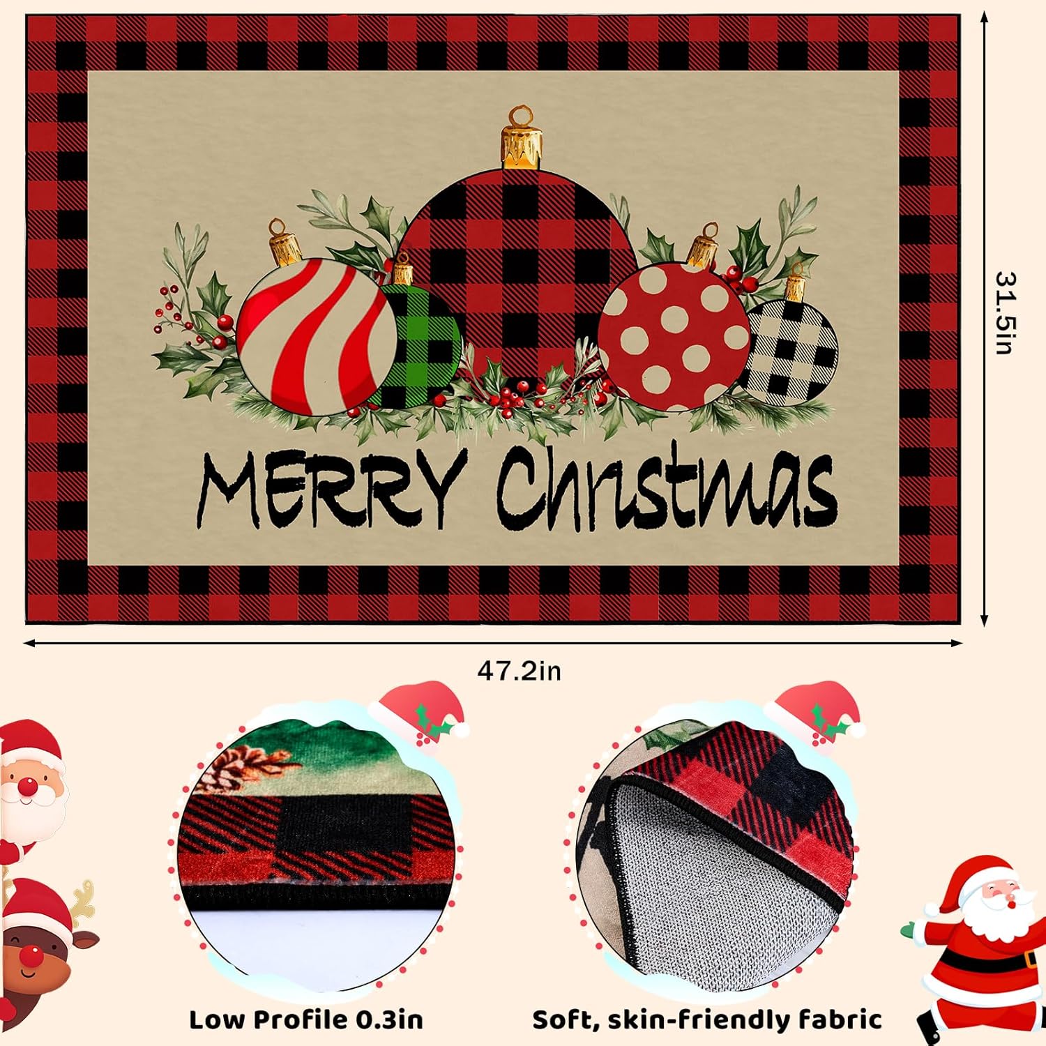 Svepndic 32"x47" Merry Christmas Door Mat Non Slip Welcome Doormat,Winter Xmas Holiday Floor Mat Washable Low Profile Entrance Doormat for Kitchen Indoor Outdoor Christmas Decor