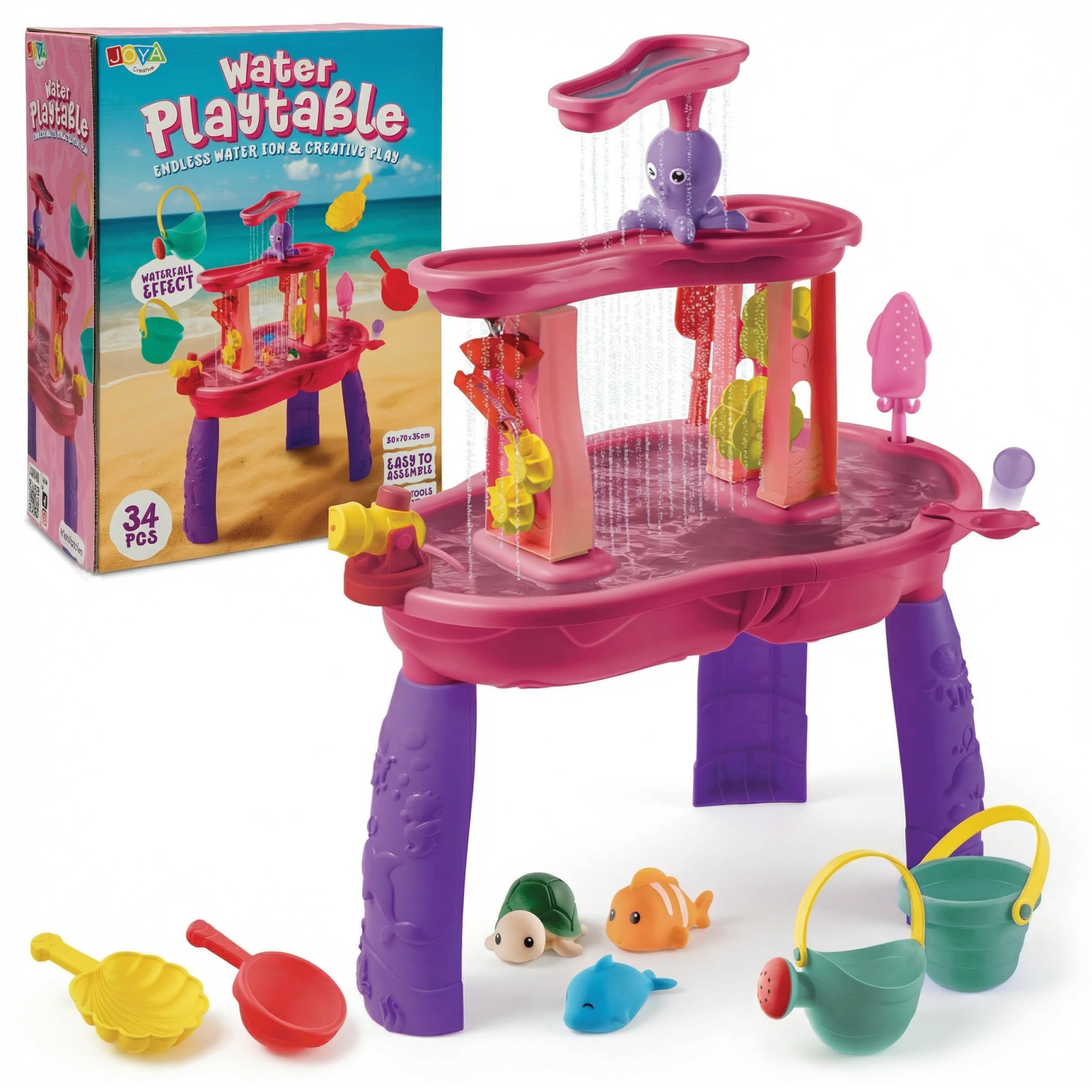 Tavolo d'acqua per bambine, tavolo da gioco ad acqua rosa, set di accessori da 34 pezzi, effetto cascata, dimensioni 59 x 38,5 x 73 cm, tavolo attività con acqua per esterni e giardino