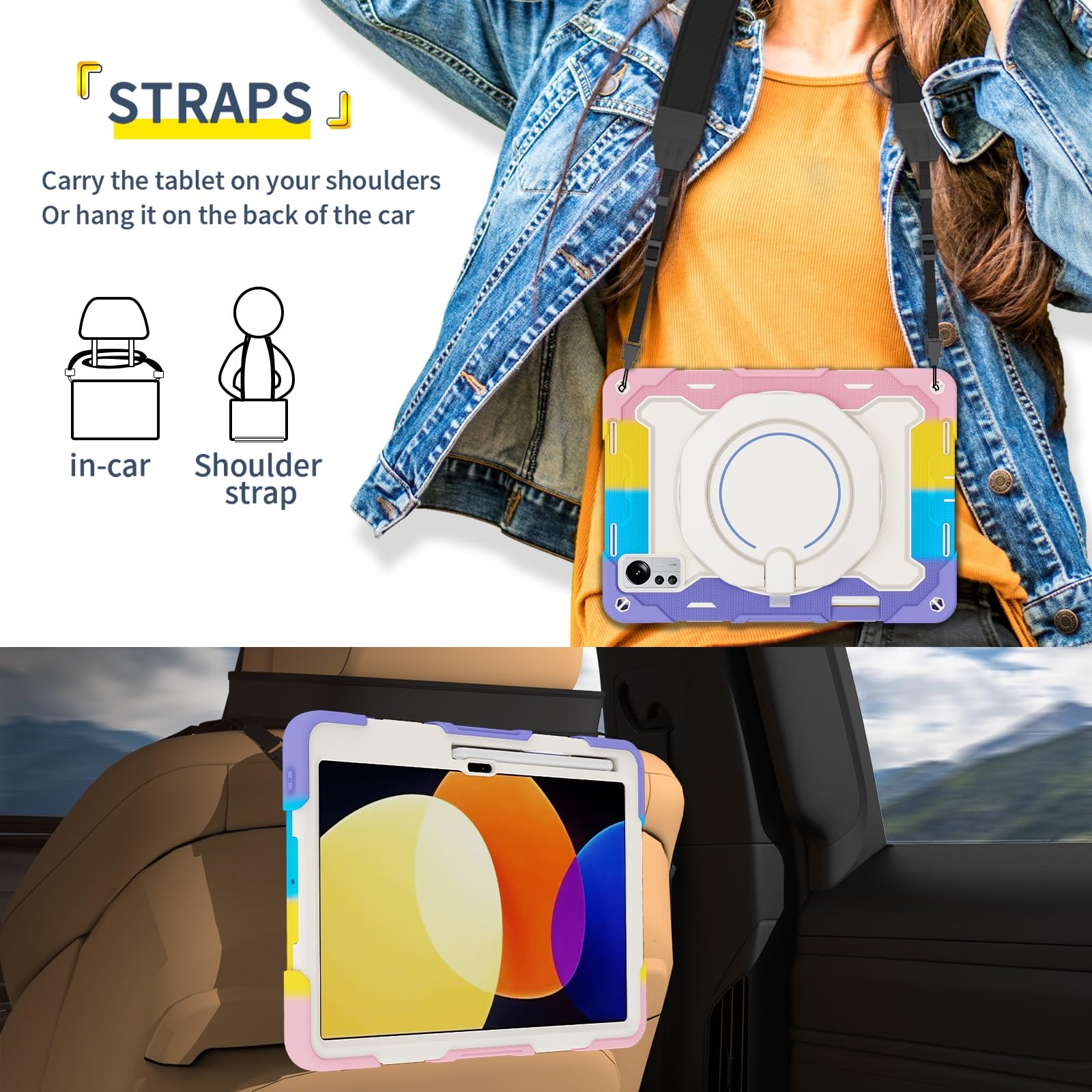 Custodia robusta per Xiaomi Mi Pad 5 Pro 12,4 pollici, supporto girevole a 360°, tracolla, portapenne e anello di presa, copertura antiurto per bambini e adulti (rosa viola)