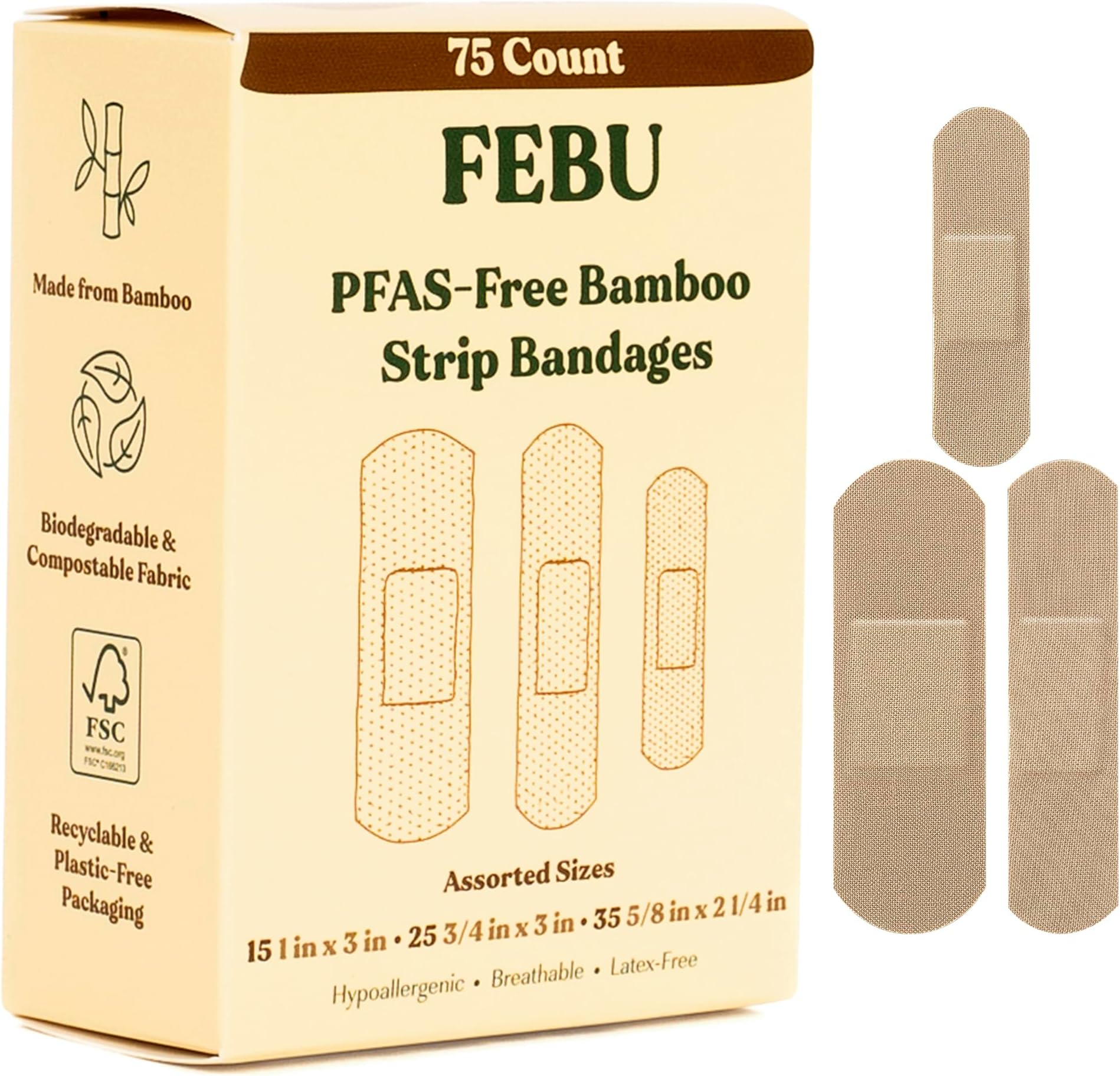 FEBU Eco-Friendly Organic Bamboo Fabric Bandages for Sensitive Skin | PFAS Free Flexible Latex Free Bandages | Natural Hypoallergenic Bandages for Scrapes, Cuts & First Aid | 75 Count Variety Pack