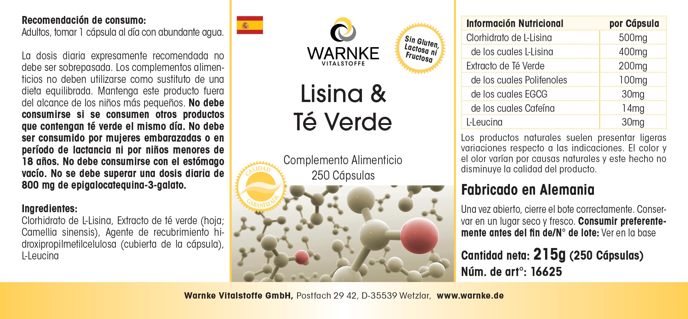 L-lisina e tè verde - 250 capsule - polifenoli - EGCG - caffeina - vegano e ad alto dosaggio - confezione grande | Warnke Vitalstoffe - Qualità farmaceutica tedesca