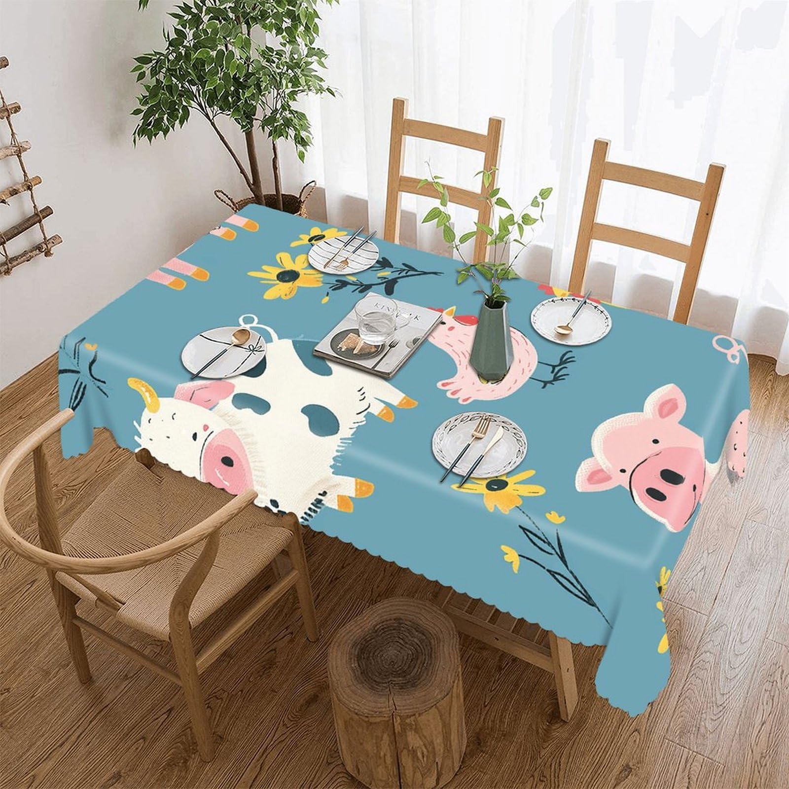 Nappe de table rectangulaire pour fête au jardin toile lavable motifs animaux de la ferme