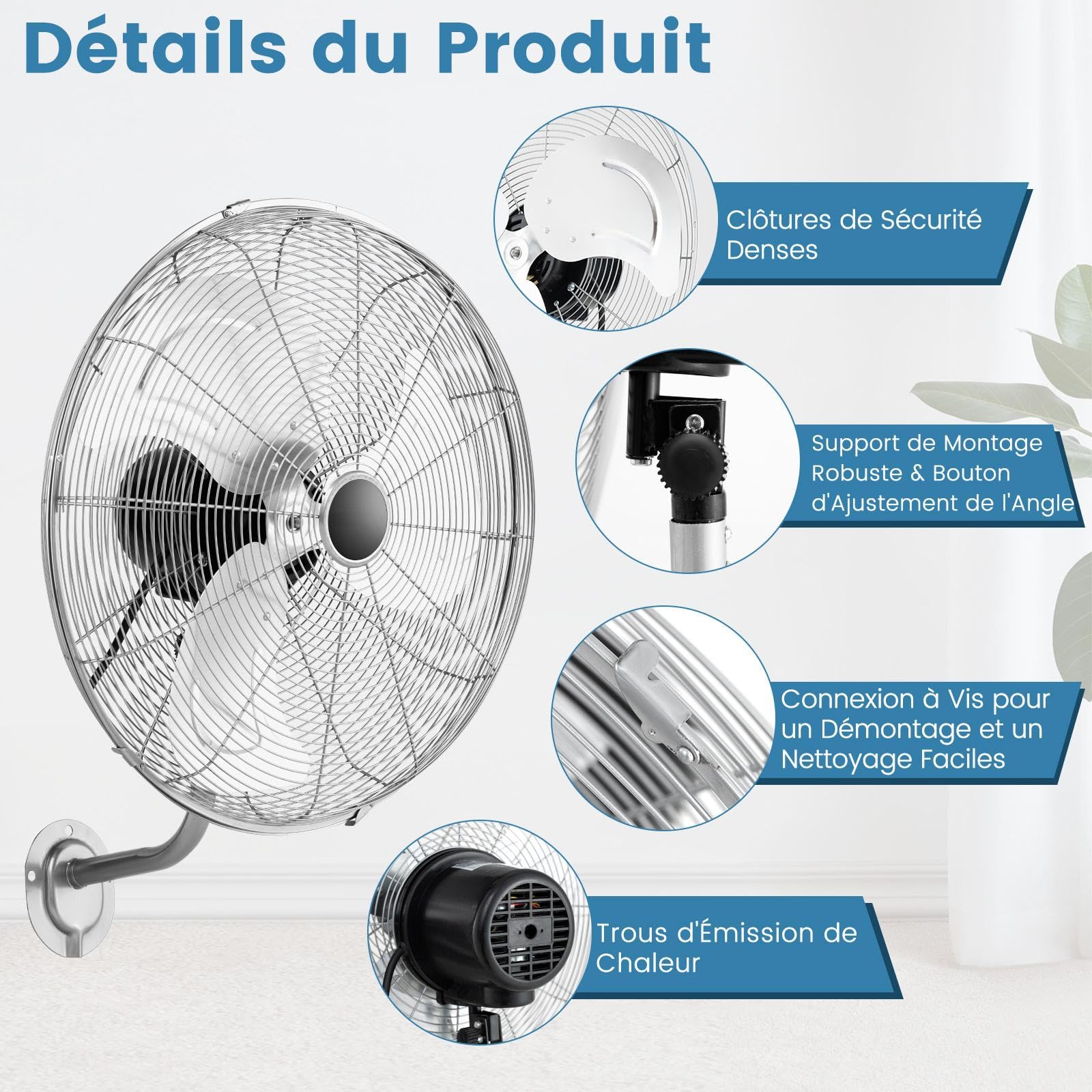 GOPLUS Ventilateur Mural φ56cm avec 3 Pales Aluminium, Ventilateur 3 Vitesses, Inclinaison 30° & Oscillation 85°, Grille Sécurité et Panneau Contrôle, pour Patio, Garage, Bureau (Argent)