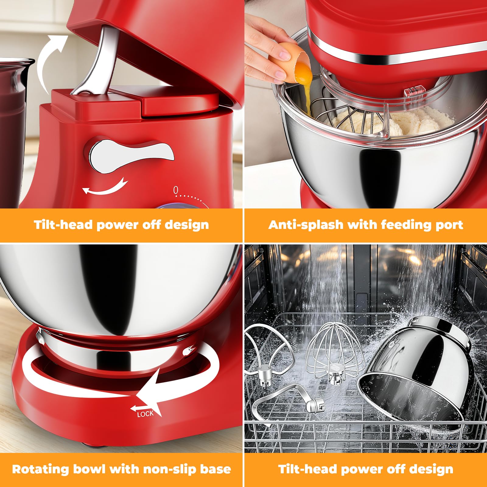Impastatrice Planetaria,1000W, 8 Velocità,Pulse,Ciotola in Acciaio Inossidabile 5L-Impastatrice con Frusta, Gancio Impastare e Mescolatore Perfetta per Ogni Cucina, Rosso