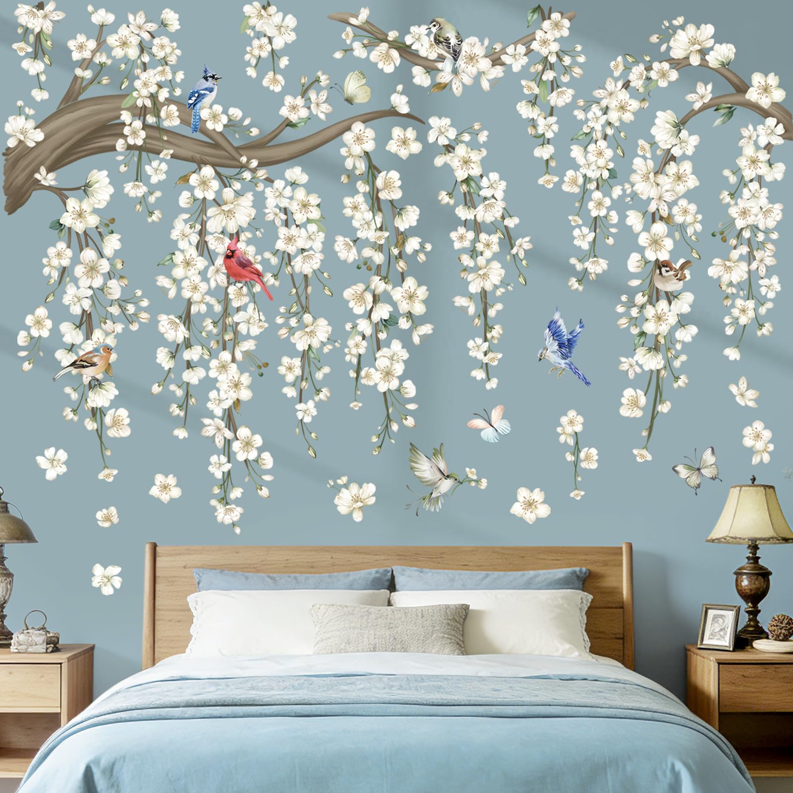 wondever Large Hanging Flower Vine Wall Stickers White Cherry Blossom Tree Branch Peel and Stick Wall Art Decals for Living Room Bedroom Sofa Background