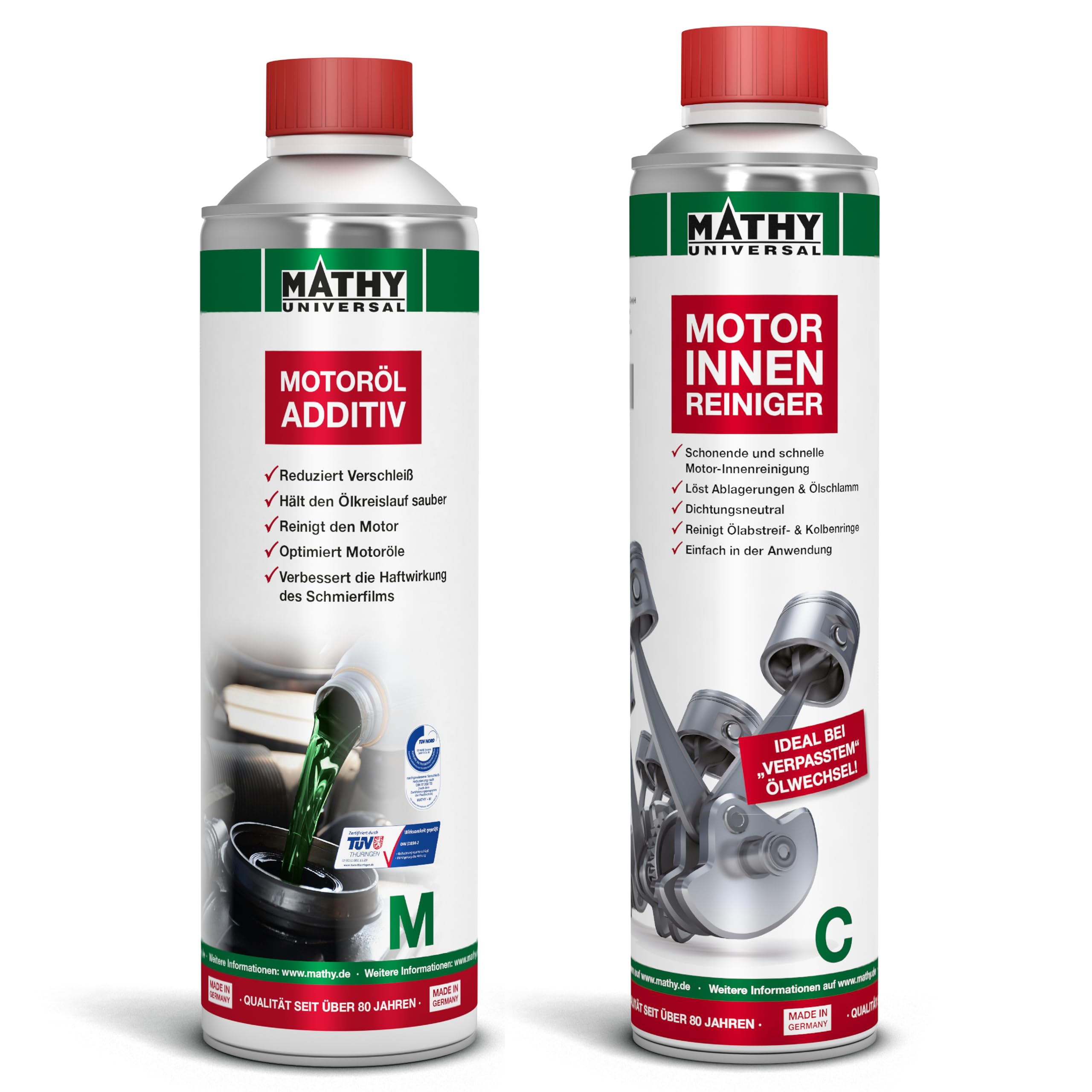 MATHY Motor-Reinigungs-Set Motorinnenreiniger 400ml + Motoröl Additiv 500ml, Hochwirksamer Motorreiniger beim Ölwechsel, Reiniger zur Motorspülung, Verschleißschutz für Diesel und Benzin Motor