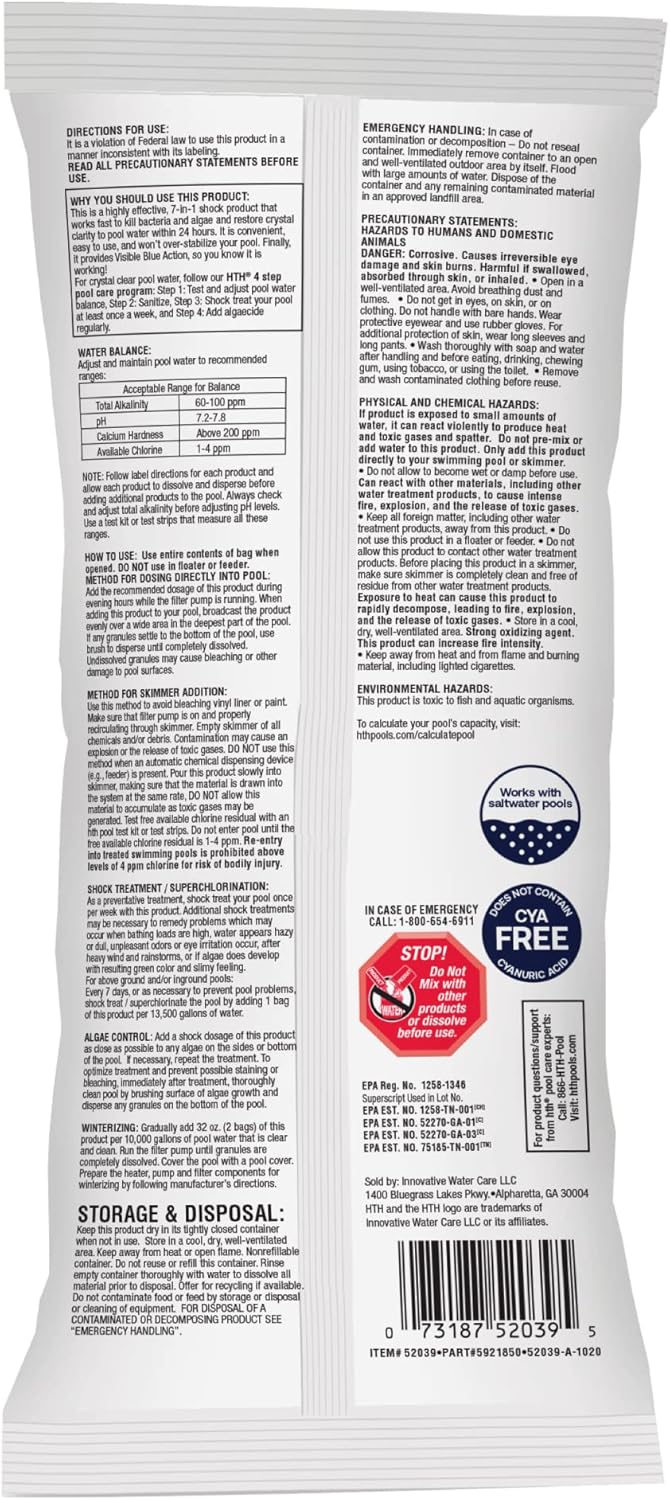 HTH 52039 Swimming Pool Care Shock Ultra, Swimming Pool Chemical, Cal Hypo Formula (4 Pack)