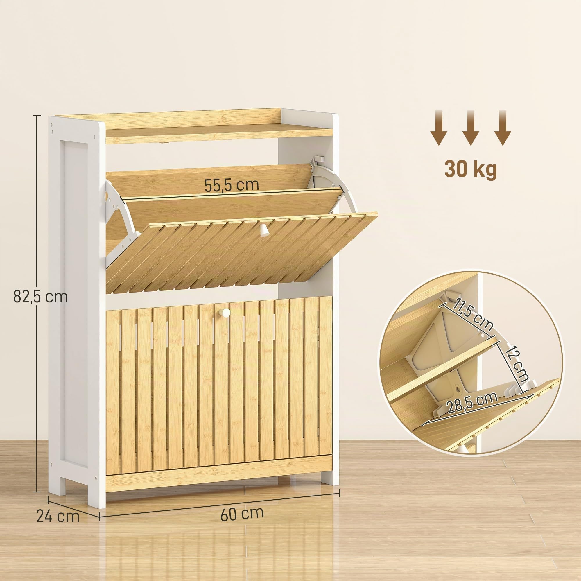 HOMCOM Zapatero Estrecho 2 Puertas de Bambú 60x24x82,5 cm Blanco y Natural | Listones, Zapatero Entrada Recibidor, Estantes Ajustables, 12 Pares de Zapatos