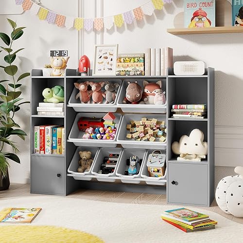 Miniatura 7 de Costzon Organizador de almacenamiento de juguetes para niños de 56.5 pulgadas con 8 contenedores extraíbles, estantería de 4 niveles para niños