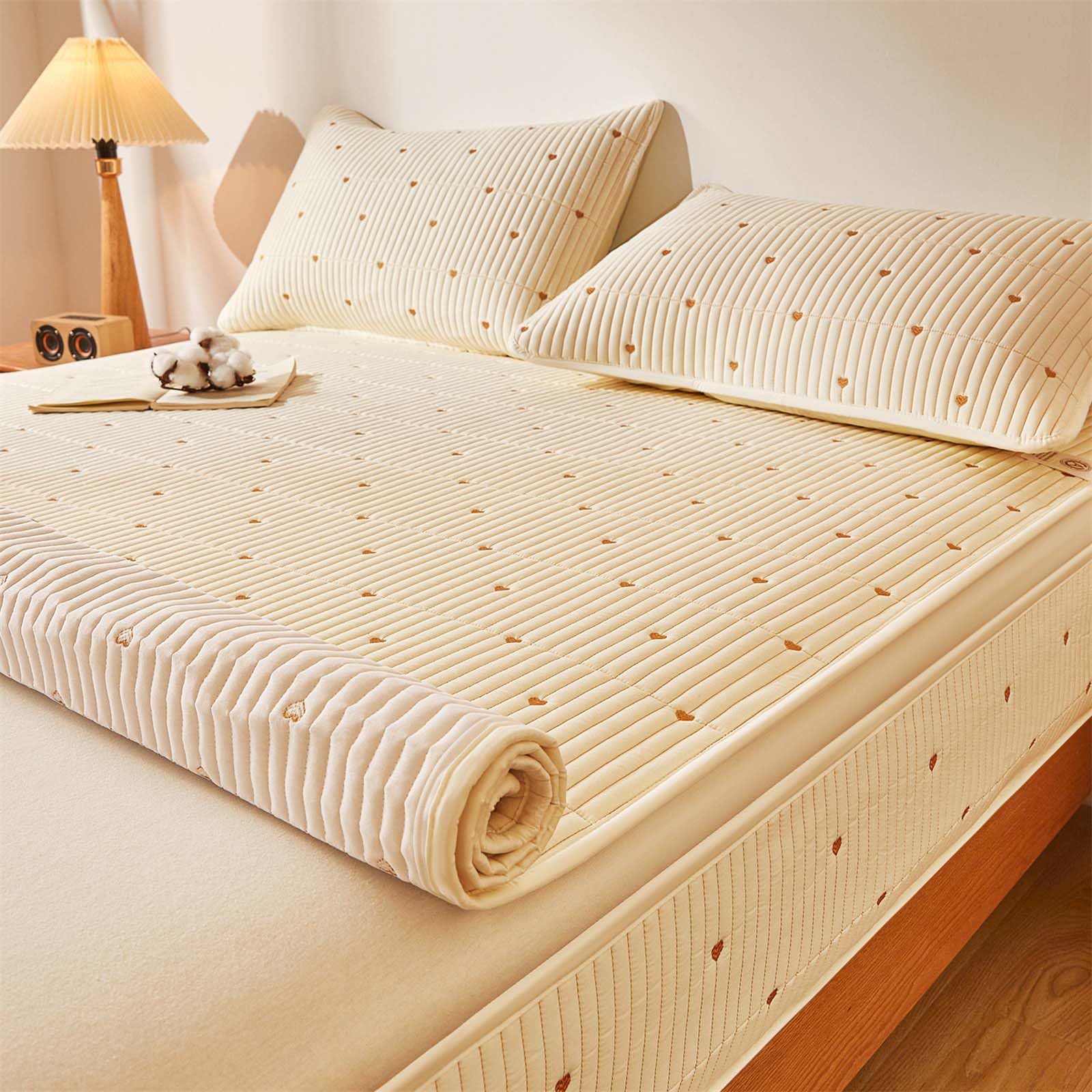 Housse de Matelas Intégrale 70/80/140/160x190 Housse pour Matelas de Protection avec Fermeture Éclair Respirante Alèse Protège-Matelas Broderie Surmatelas Matelassé à Cinq Côtés (140X190+17cm,Beige B