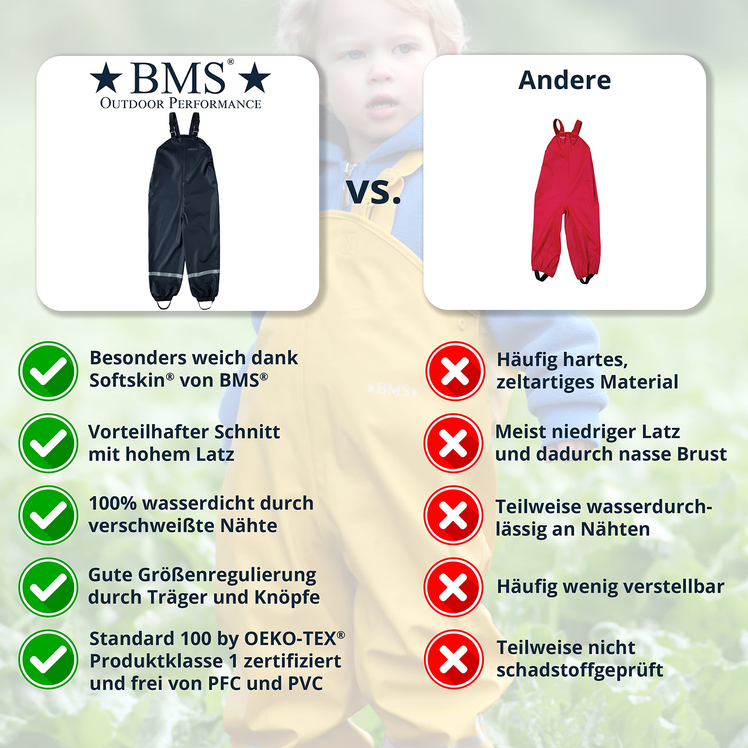 BMS® Regenhose für Kinder mit Latz, ideale Matschhose und Buddelhose, 100% wasserdicht, besonders hautfreundlich und weich Softskin, Oeko-Tex, strapazierfähig, langlebig für Mädchen, Jungen