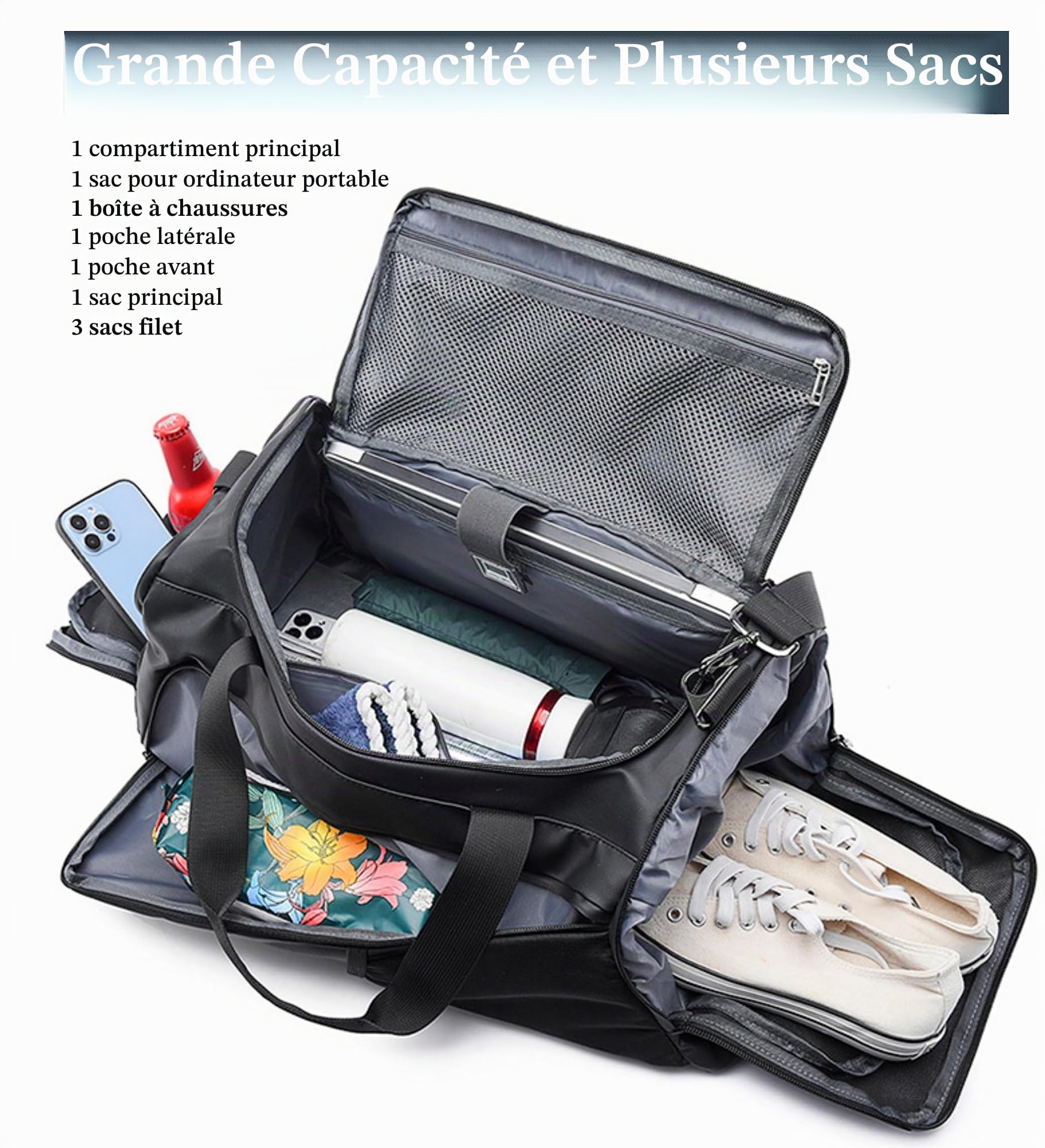 Sac de sport 3 en 1 pour homme avec compartiment à chaussures, sac de voyage avec bandoulière, sac à dos étanche pour voyage d'affaires