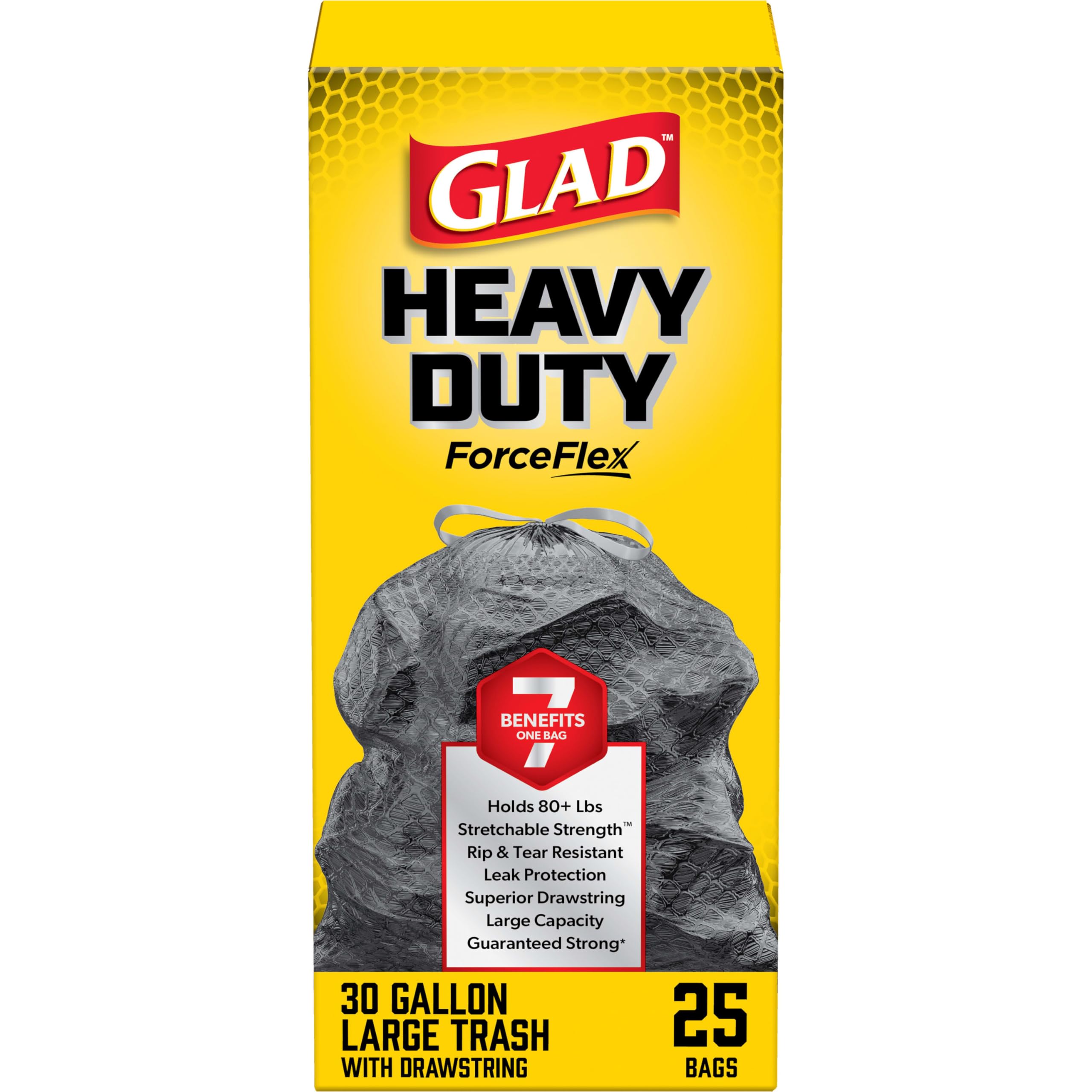 Glad ForceFlex Heavy Duty Trash Bags, Rip and Tear Resistant, Unscented Black X-Large Garbage Bags, Odor Control, 30 Gallon Trash Bags, 25 Count
