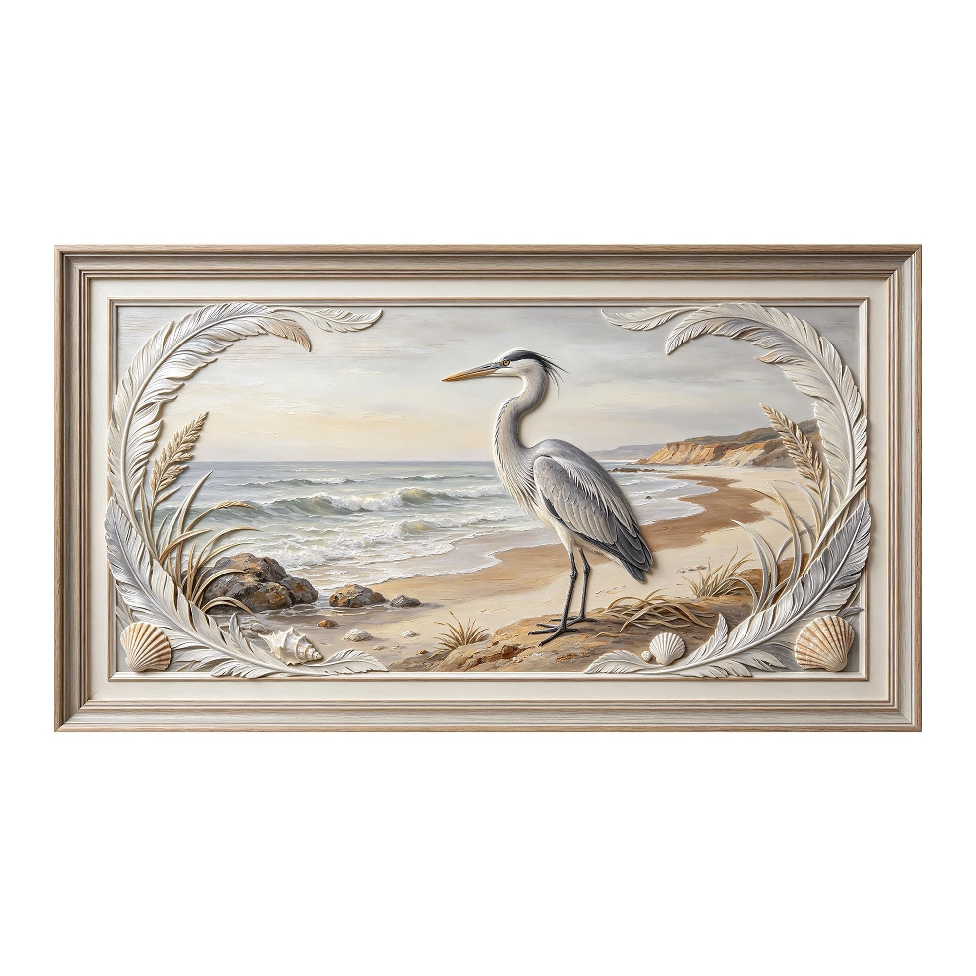 Yzpallescene 3D 3D Framed Wall Art 50cm×90cm Coastal Seascape Heron Beach Oil Painting Large Size SelfAdhesive Removable Wall Decor Prints Artwork for Living Room Bedroom Office