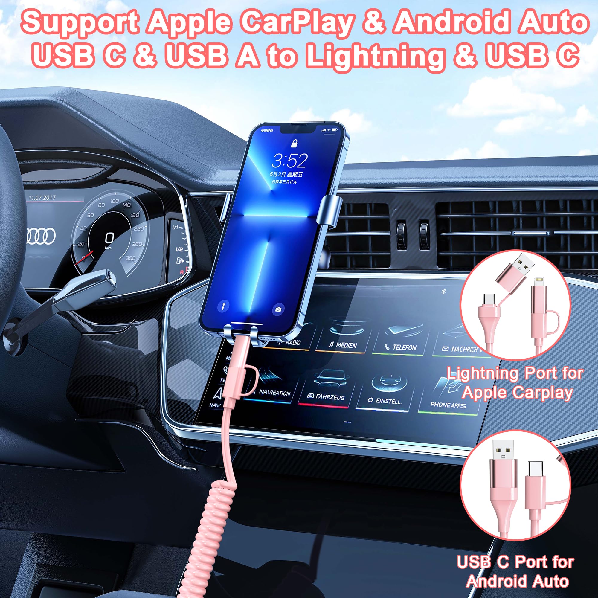 Coiled USB C Lightning Cable 4 in 1 [Apple Carplay Android Auto], 60W Fast Charging USB C to USB C Cable MFi Certified, iPhone Car Pink Charger Carplay Cord for iPhone 16 15 14 iPad Android