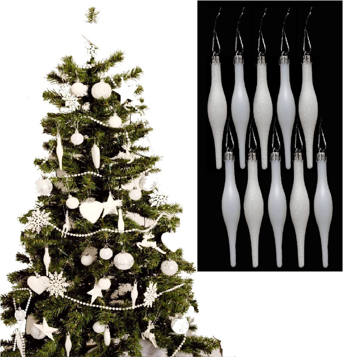 Ukdeals Direct Pack Of 10 Droplets 120Mm Ukdd® White Collection Christmas Droplet Baubles Tree Decorations, Glitter, Matt Icicles, Reindeer Baubles (Pack Of 10 Droplets 120Mm)