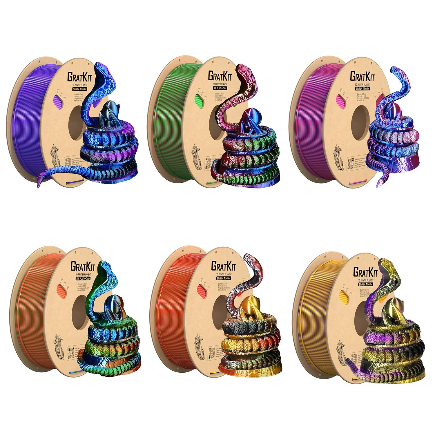 Gratkit Filament PLA tricolore en soie, filament pour imprimante 3D, 1,75 mm, 0,03 mm, 1 kg/rouleau, 6 kg