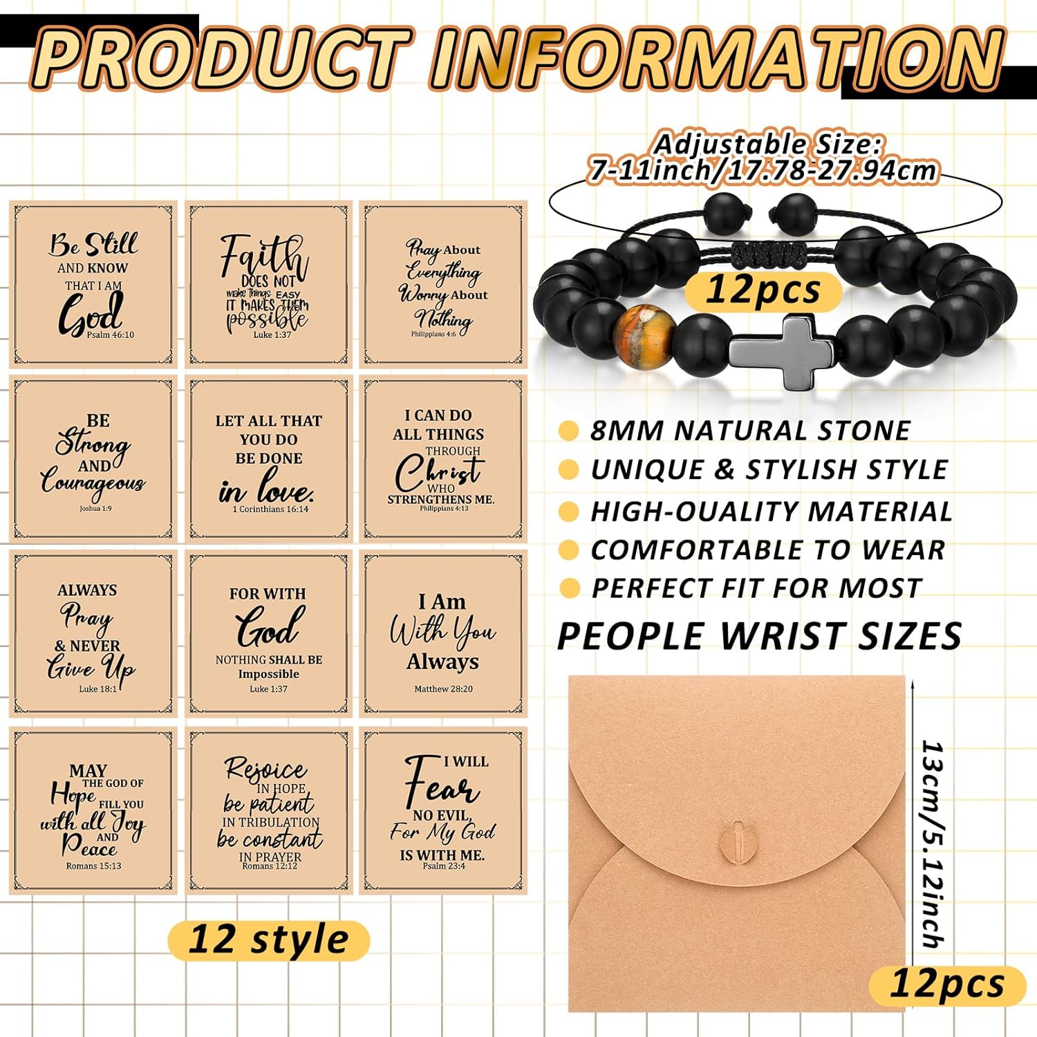 Cunno 12 Set Christian Cross Bracelets Bulk Religious Cross Beaded Bracelet for Women Men 12 Natural Beaded Stuffs Inspirational Cards Envelope Christian Jewelry Faith Gift(Chic Style,Black)