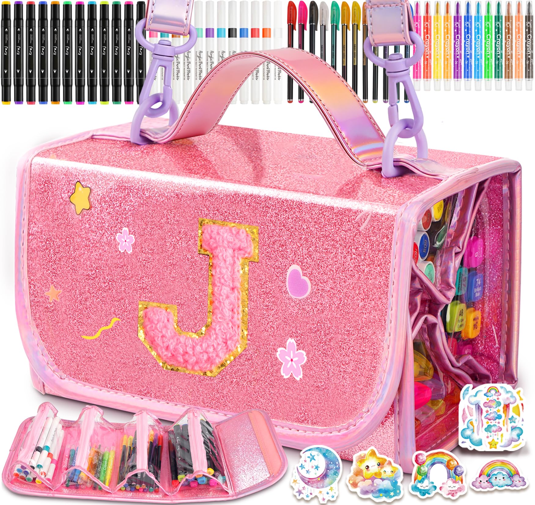 SHXWELL 69 PCS Initial Washable Scented Markers Set with Glitte Pencil Case Shoulder Strap, Personalized Art Supplies and Crafts for Kids Ages 4-6-8, Birthday Gifts for Girls Coloring Markers Set (J)