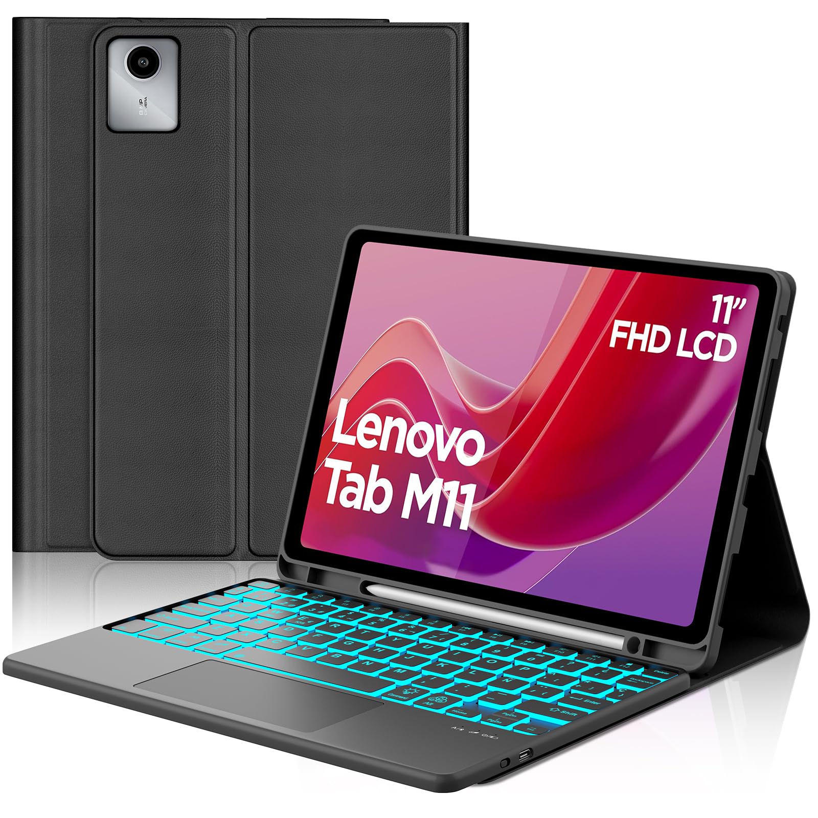 Teclado para Lenovo Tab M11 11" 2024 con Retroiluminado y Touchpad, Negro | Teclado Bluetooth Retroiluminado 7 colores Desmontable con Funda Delgada y Touchpad para Tablet Lenovo M11 TB330FU/TB330XU