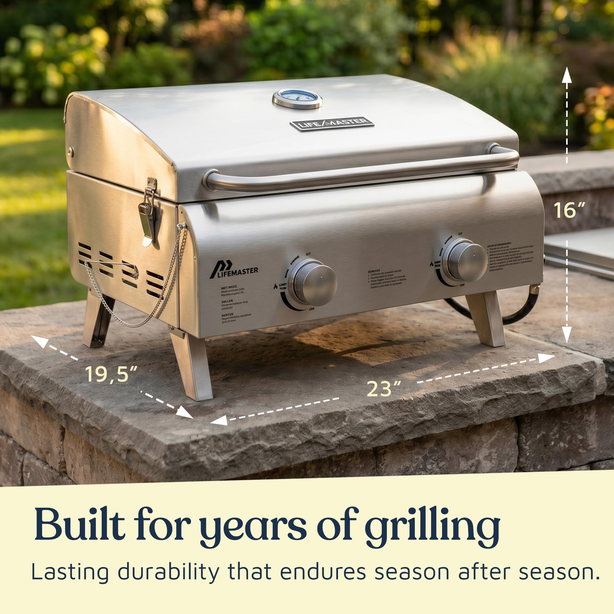 Parrilla portátil – Barbacoa de gas propano de acero inoxidable para camping y al aire libre – 2 quemadores – Potencia de 20.000 BTU – Patas plegables – Tapa a prueba de viento – Fácil de limpiar –