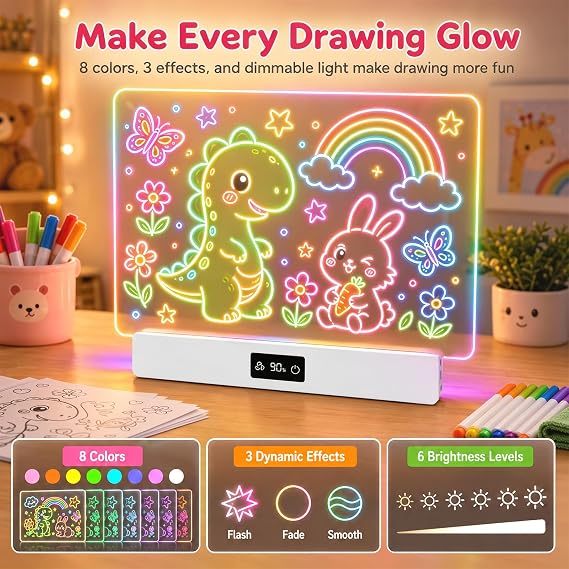 OUTON Rechargeable LED Drawing Board for Kids, 16 Glow Doodle LED Note Board with 8 Colors, 3 Light Effects, Reusable Neon Light Up Drawing Tablet Gift for Girls and Boys with Battery Display, White