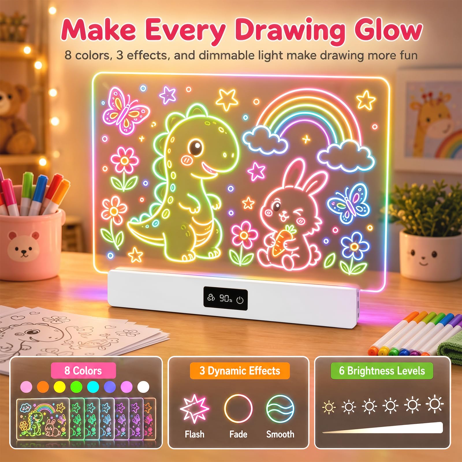 OUTON Lavagna Luminosa LED Bambini con 8 Colori e 3 Modalità di Luce, Tavoletta da Disegno Riutilizzabile con 7 Pennarelli e Modelli, Gioco Creativo per Bambina e Bambino, USB-C