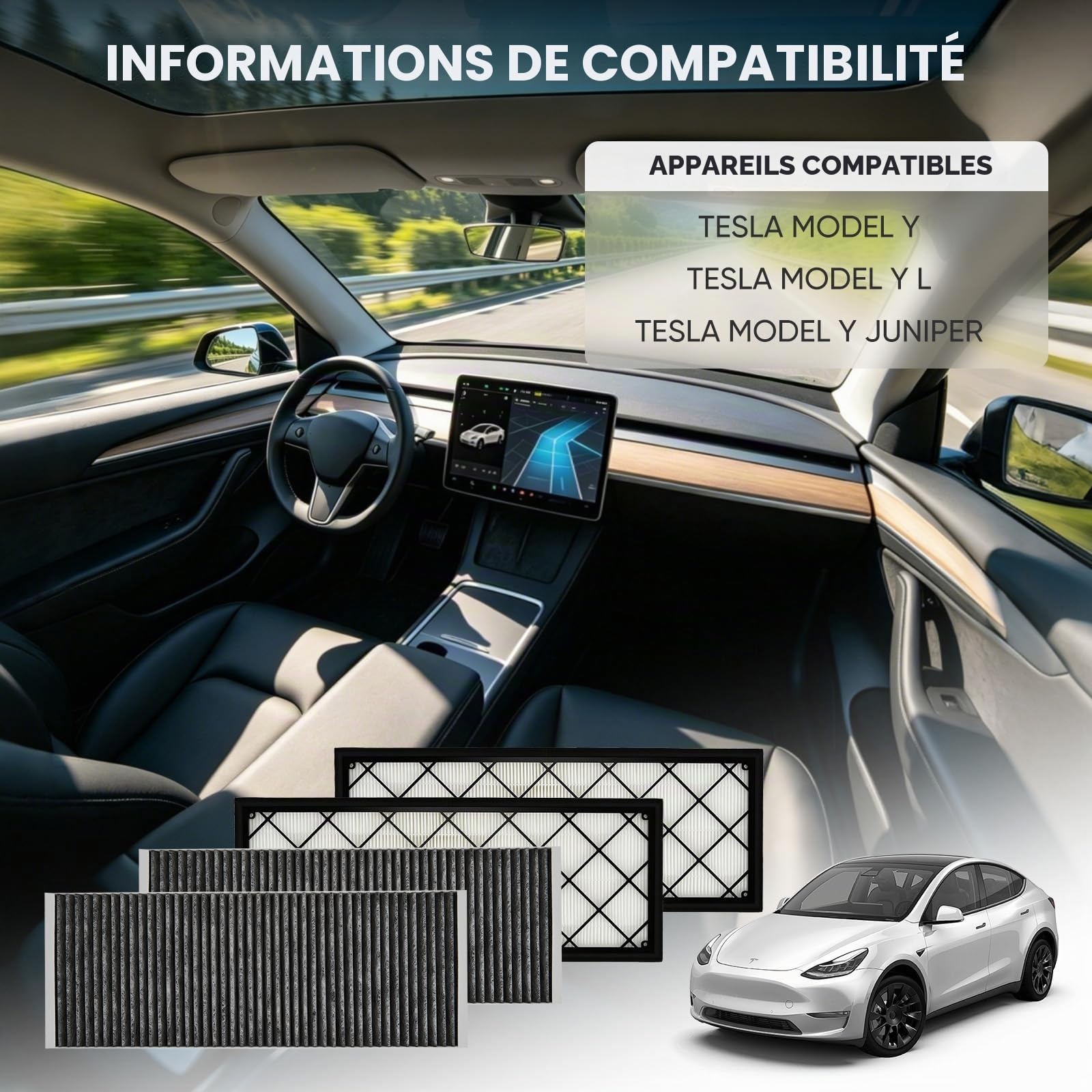 Model Y Kit de Filtres à Air à Charbon HEPA pour Coffre Avant – 2 Filtres HEPA + 2 Filtres à Charbon Actif, Filtre d’habitacle, Filtre Antibactérien, Accessoires pour Juniper – Lot de 4