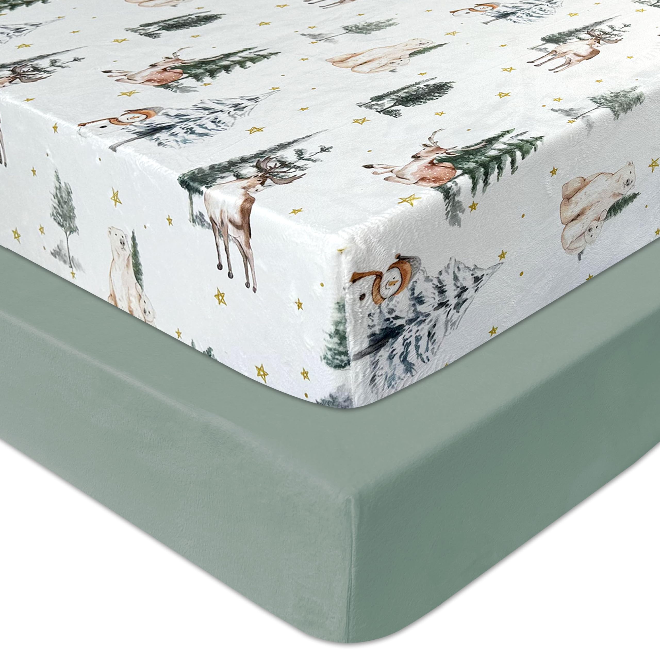 AMROSE 2 Pack Flannel Fleece Crib Sheets Winter Woodland
