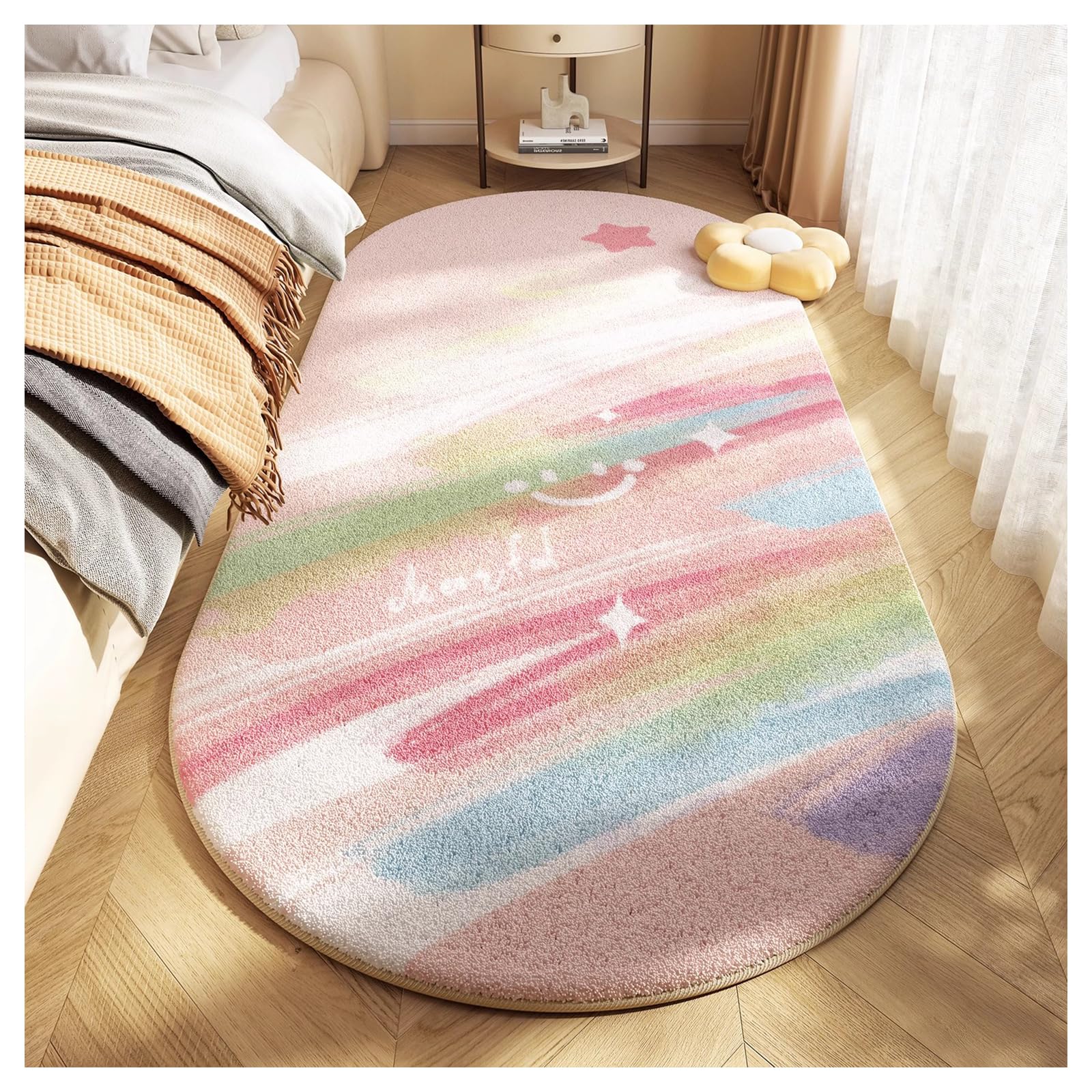 Ergocar Bedroom Carpet, Artificial Cashmere Fluffy Bedside Plush Carpet Non-Slip Floral Home Decoration Suitable For Bathroom, Kitchen, Home Decoration