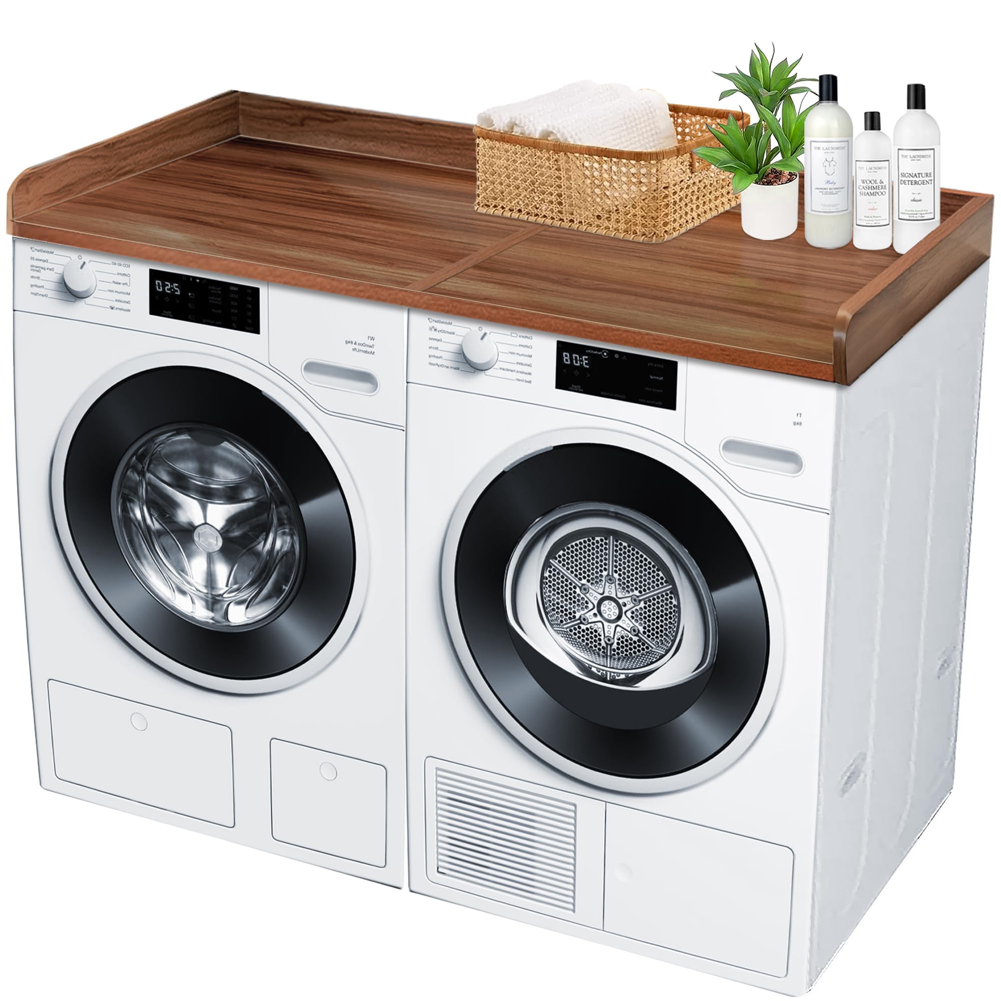 Royxen Washer and Dryer Countertop Solid Wood with Polyester Coating, Laundry Countertop with Edge Rails, 54" Length Univerysal Fit for Washer and Dryer, Walnut Color