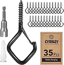 Cyriley 35pcs Screw Hooks for Hanging Outdoor String Lights with Safety Buckle, Windproof Ceiling Hanger Hook Cup Hook for Plants, Christmas Lights & Patio Lights with 1 Nut Driver 2.2 Inches, Black