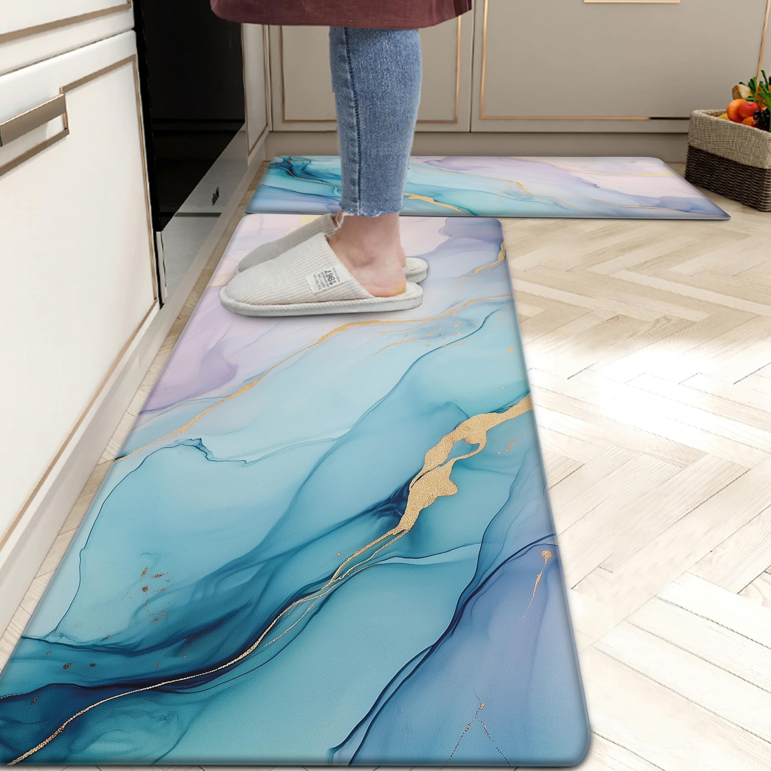 tubeamin Kitchen Mats for Floor Anti Fatigue Marble Floor Cushioned Memory Foam Non Slip PVC Leather Padded Comfort Standing Rugs Set of 2, 17.3x28+