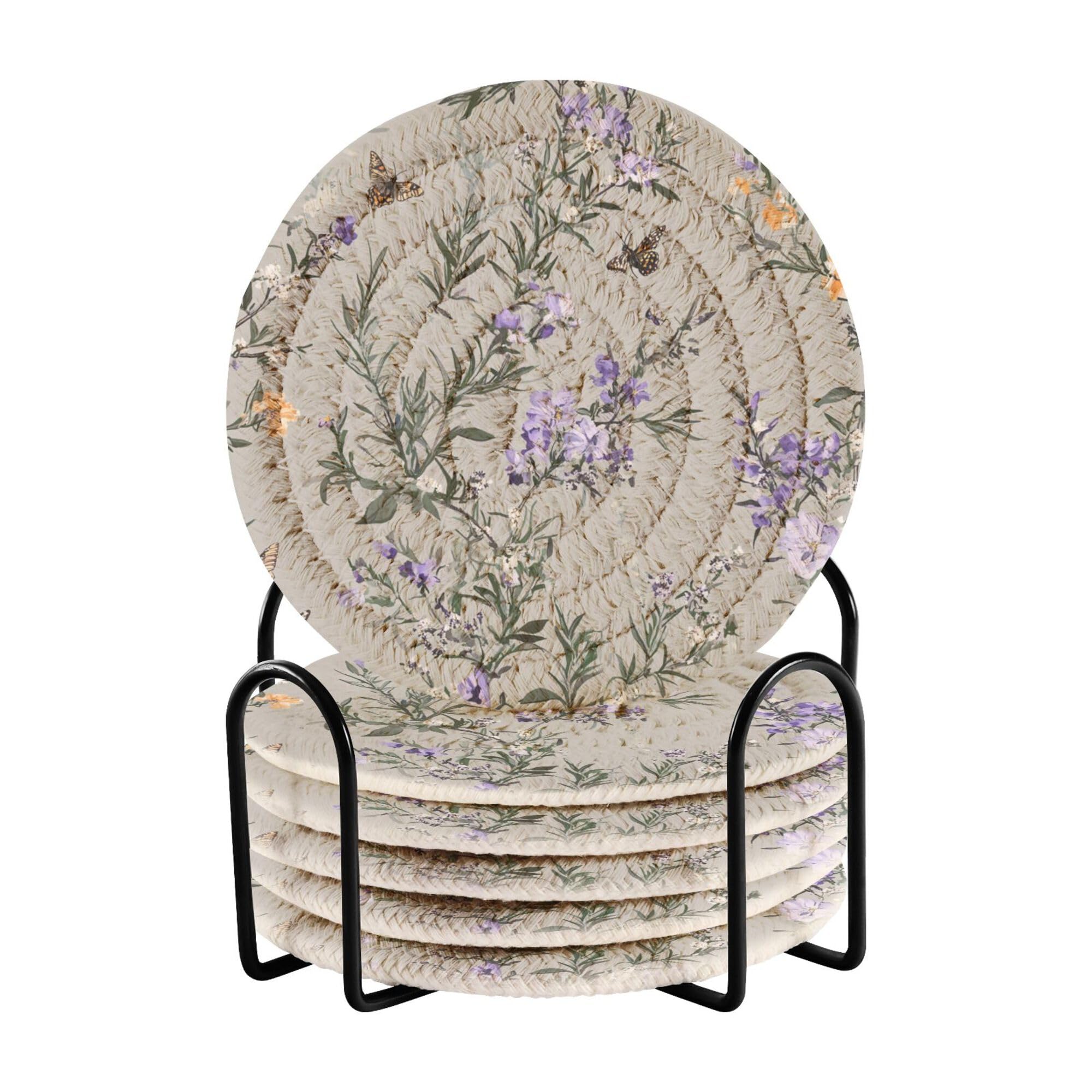 Rustic Rosemary Gray Cotton Rope Coasters Set with Holder 6 Pack Home
