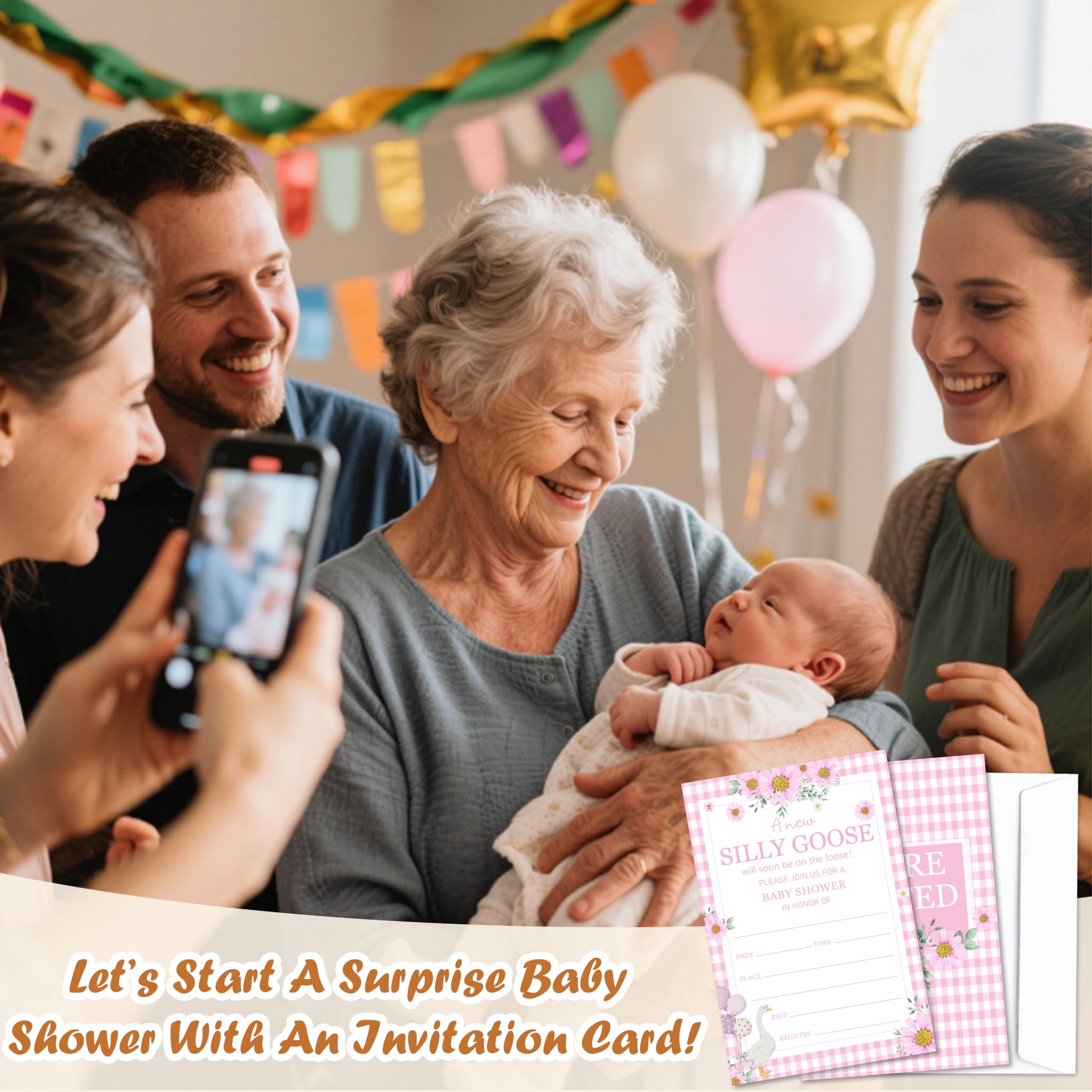 Zaproszenie na baby shower, zaproszenie do ujawnienia płci Silly Goose, 25 różowych zaproszeń w kratkę, stokrotka, z kopertami dla dziewcząt, zaproszenia na ogłoszenie dziecka do dekoracji na