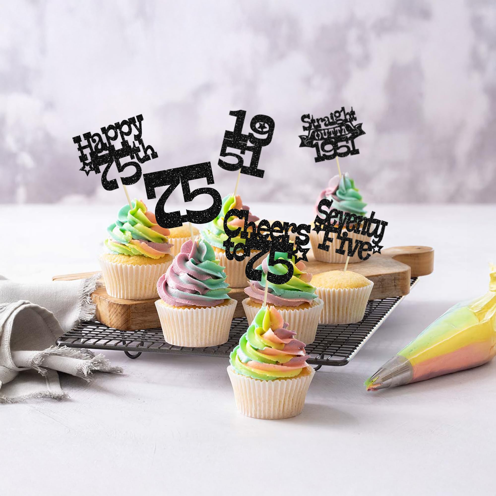 Ephlyn 30Pcs Straight Outta 1951 Cupcake Toppers Glitter Seventy Happy 75th Birthday Cupcake Picks Cheers to 75 Years Cake Decorations for Happy 75th Birthday Anniversary Party Supplies Black - Image 7